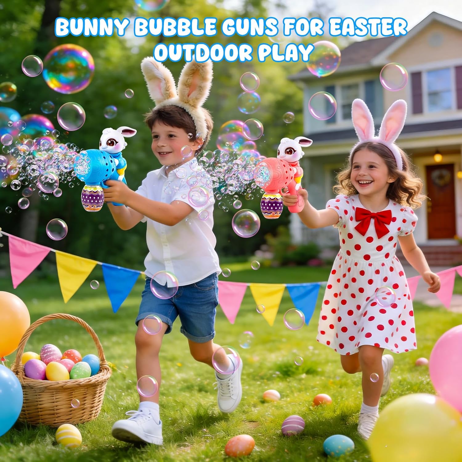 Easter Bunny Bubble Gun for Toddlers: 2-Pack Bubble Guns for Kids 4-8 | Bubble Machine Gun for Toddlers 1-3 | Bubble Blaster with Refill Solution | Outdoor Toys Gifts for Easter Basket Stuffers