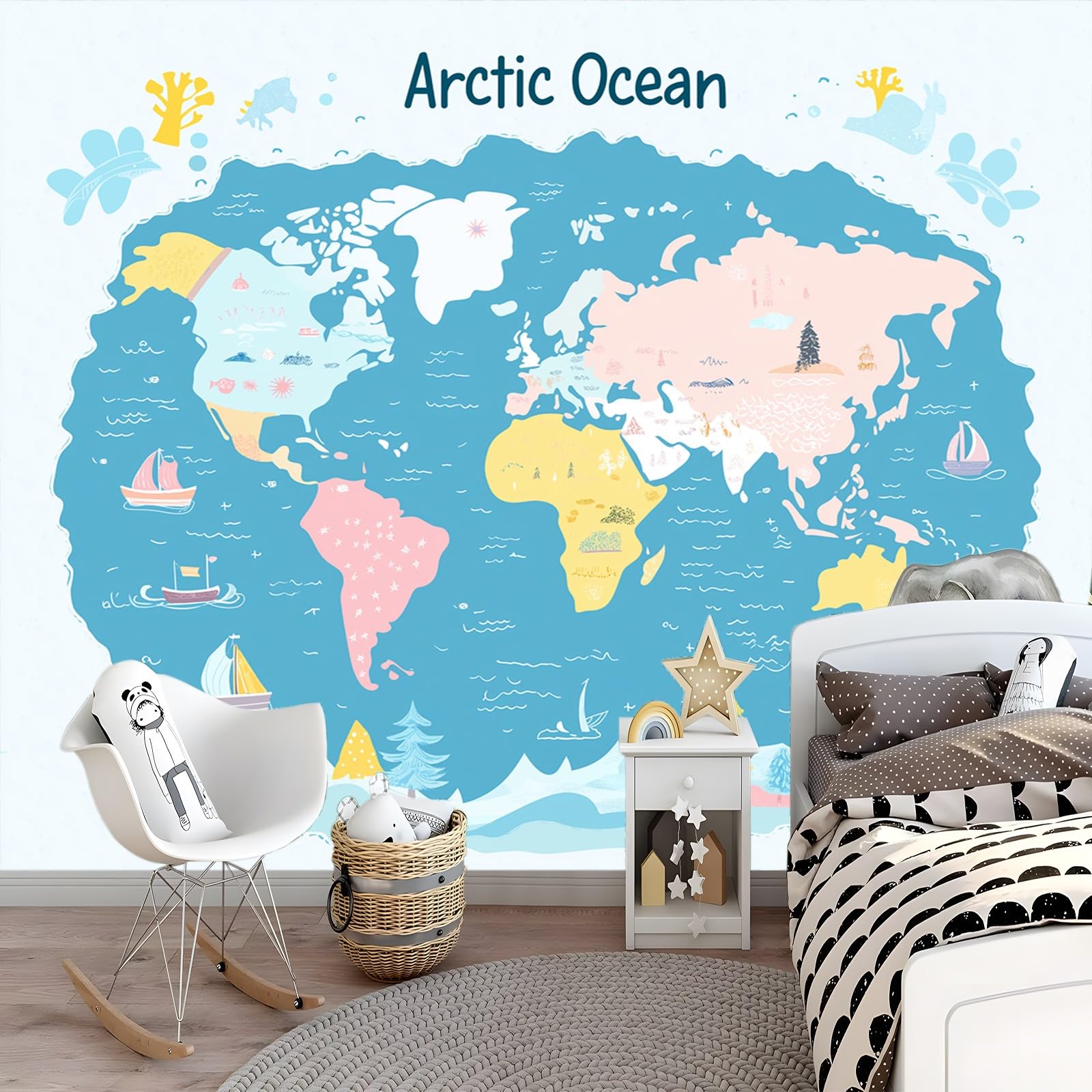 Fototapeta z motywem z kreskówki, mapa świata, tapeta ścienna, 350 x 256 cm, fototapeta do sypialni, salonu, biura, dekoracja ścienna, jasnoniebieska, plakat 3D, tapeta z włókniny