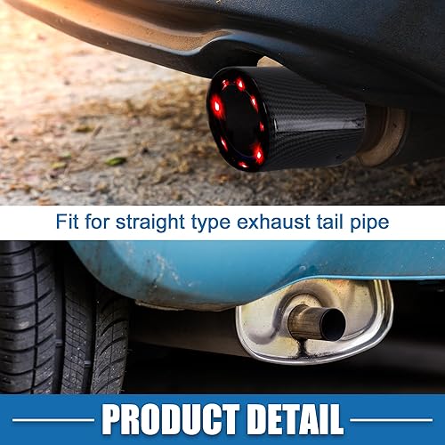 Miniatura 4 de Tubo de escape de coche con luces LED rojas ajustable 1.4-2.2 pulgadas entrada 8.3 pulgadas longitud acero inoxidable fibra de carbono patrón negro