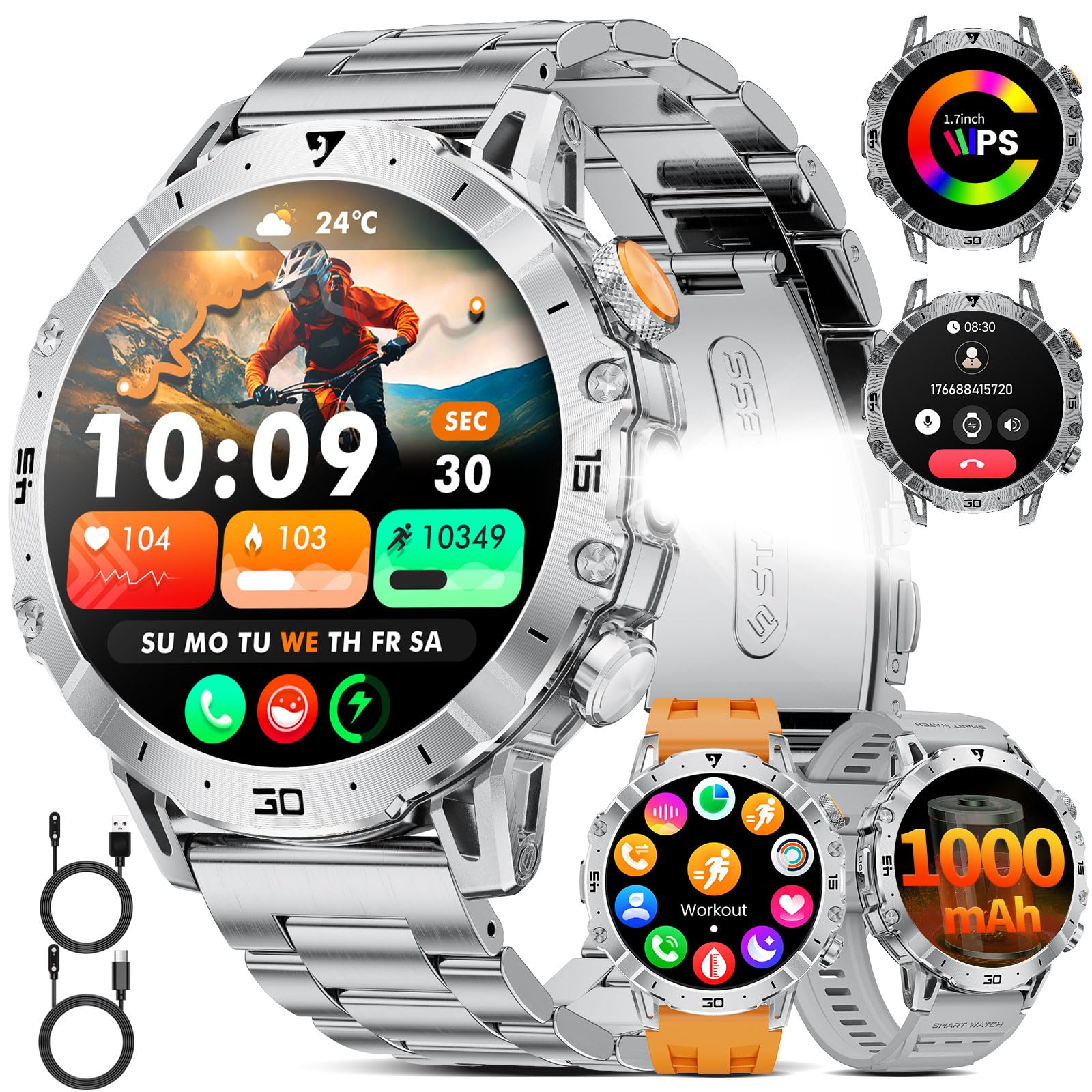 SUNKTA Montre Connectée Homme 1000 mAh Grande Batterie 1,7″ HD Bluetooth appels Smartwatch Homme pour iOS Android Lampe LED,Surveillance de la santé,moniteur de sommeil,3 bracelets,2 chargeurs,Argenté