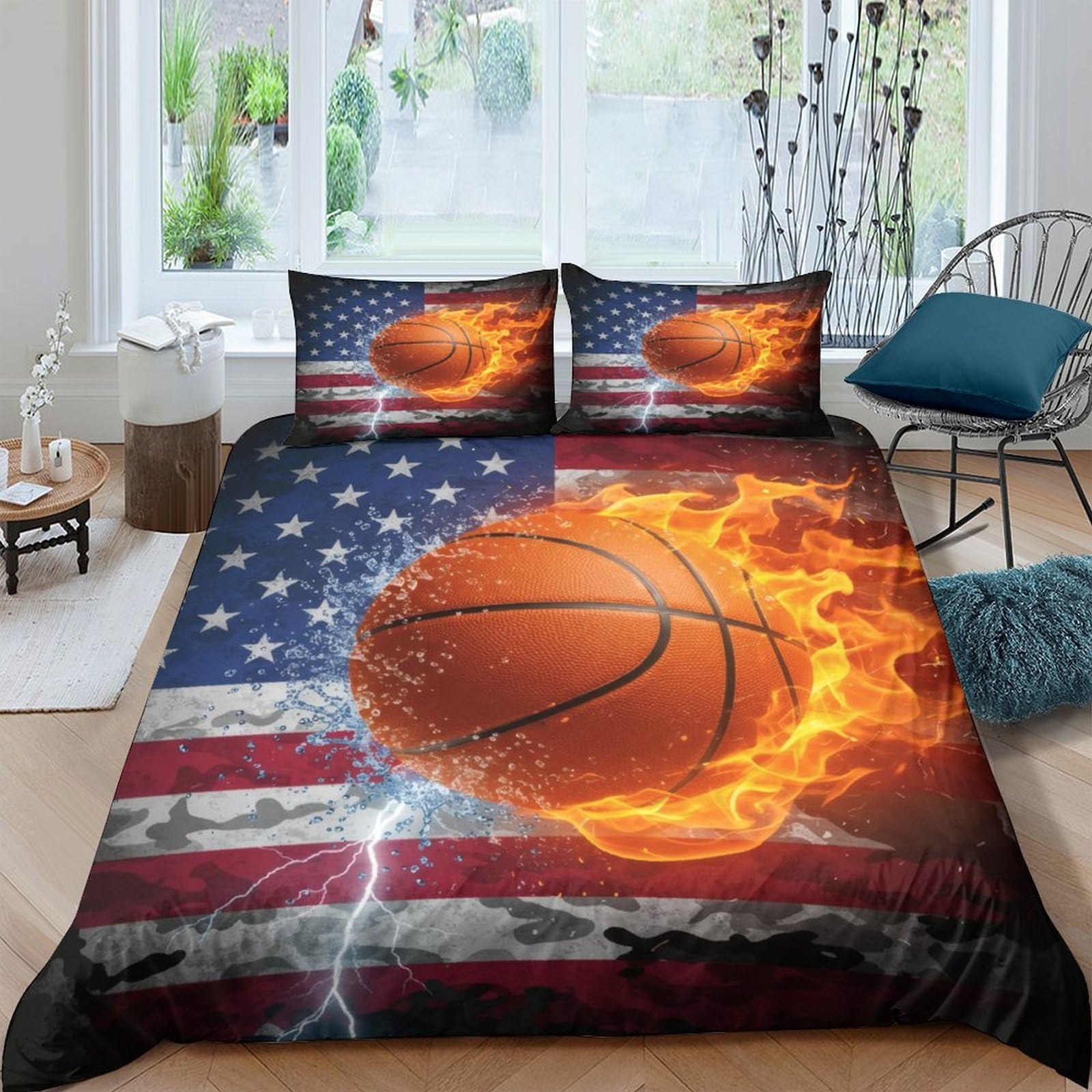 Ctjqhvkz Style-8 3D Printed Flaming Basketball Fitted Sheet Microfiber American Flag Bed Cover For Bedroom Guest Room Decor Single（135X200cm）