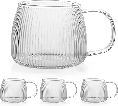Miniatura 8 de Paquete de 4 tazas de café de vidrio de alta calidad con asa, tazas de café clásicas de vidrio verticales de 12 onzas, taza de té transparente para
