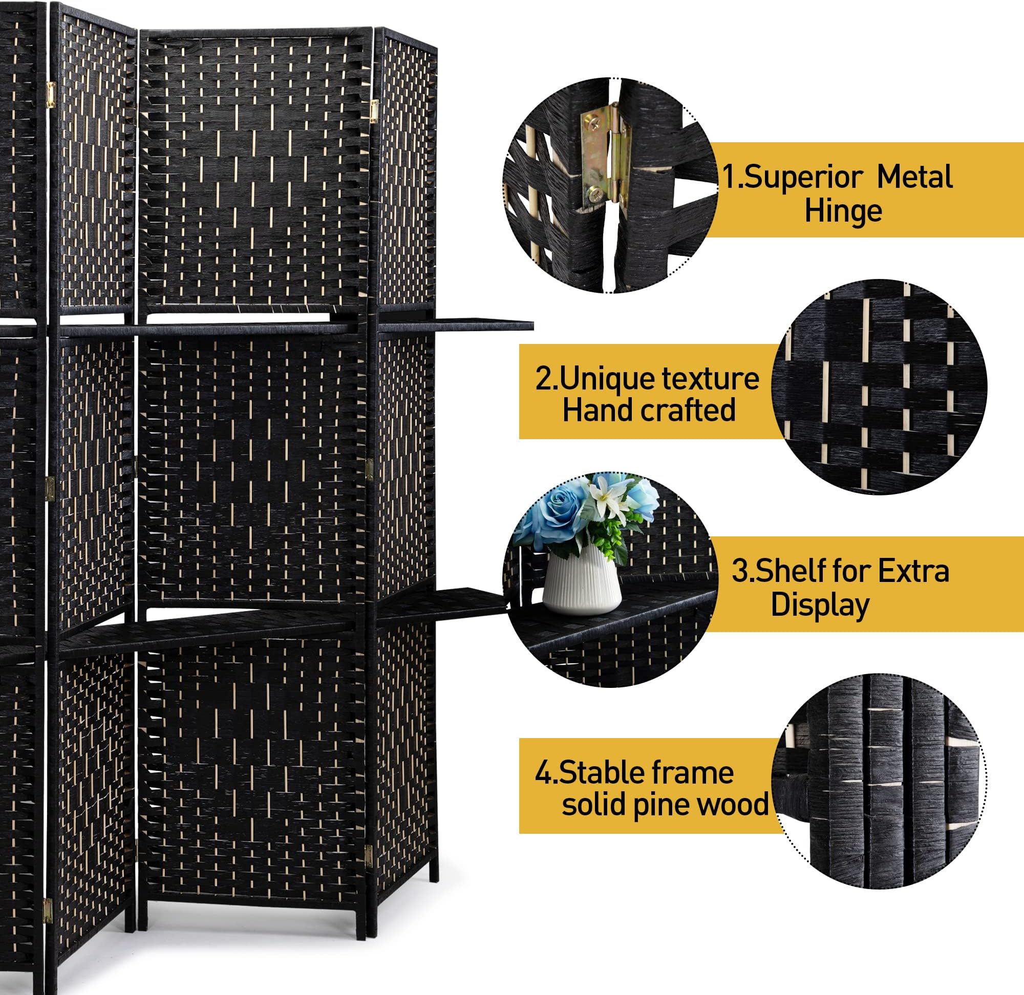 JAXSUNNY 4-Panel Room Divider Folding Paper Rope Folding Screen Portable Partition Privacy Room Divider with Removable Storage Shelves, Freestanding Divider with Two partitions, Black