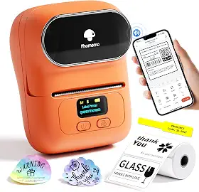 Phomemo Impressora de código de barras - M110 máquina de fazer etiquetas temáticas Bluetooth sem fio para pequenas empresas, escola, código de barras, endereço, joias, roupas, organização, laranja