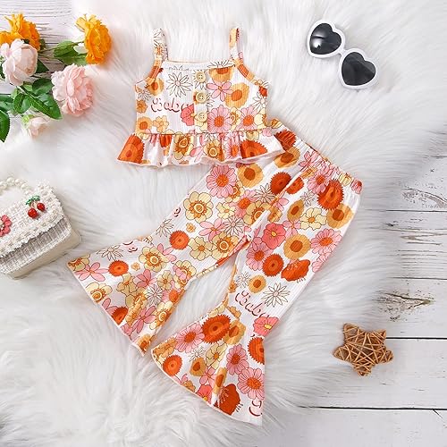 Miniatura 9 de Goodplayer Conjunto de ropa de verano para niñas pequeñas, sin mangas, con botones, pantalones florales acampanados, conjunto de ropa de verano para