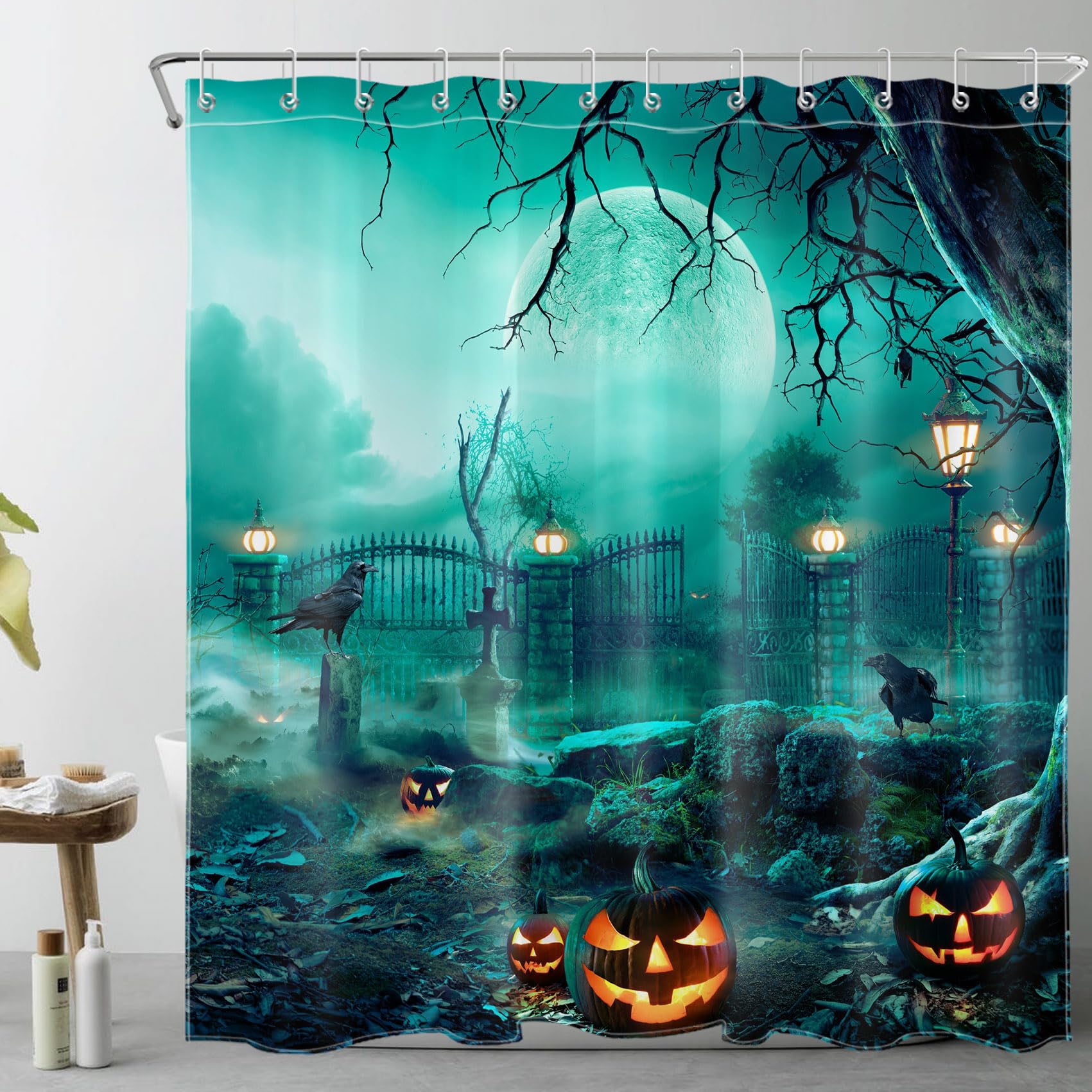 HVEST Horror Halloween Shower Curtain for Bathroom, Scary Night Black Crow and Pumpkin in Cemetery Forest Shower Curtain with Hooks, Spooky Full Moon Night Bathroom Shower Curtain Set, 72X72 inch