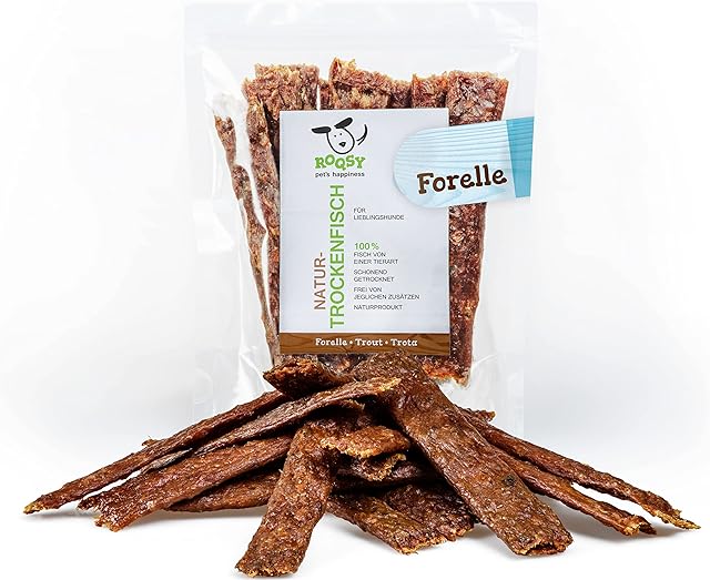 ROQSY Naturalna suszona ryba 100% pstrąga, suszona ryba dla psów, 100 g, produkt do żucia również dla szczeniaków, bez zbóż, przekąska dla psów, paski do żucia, smakołyki, delikatnie suszone