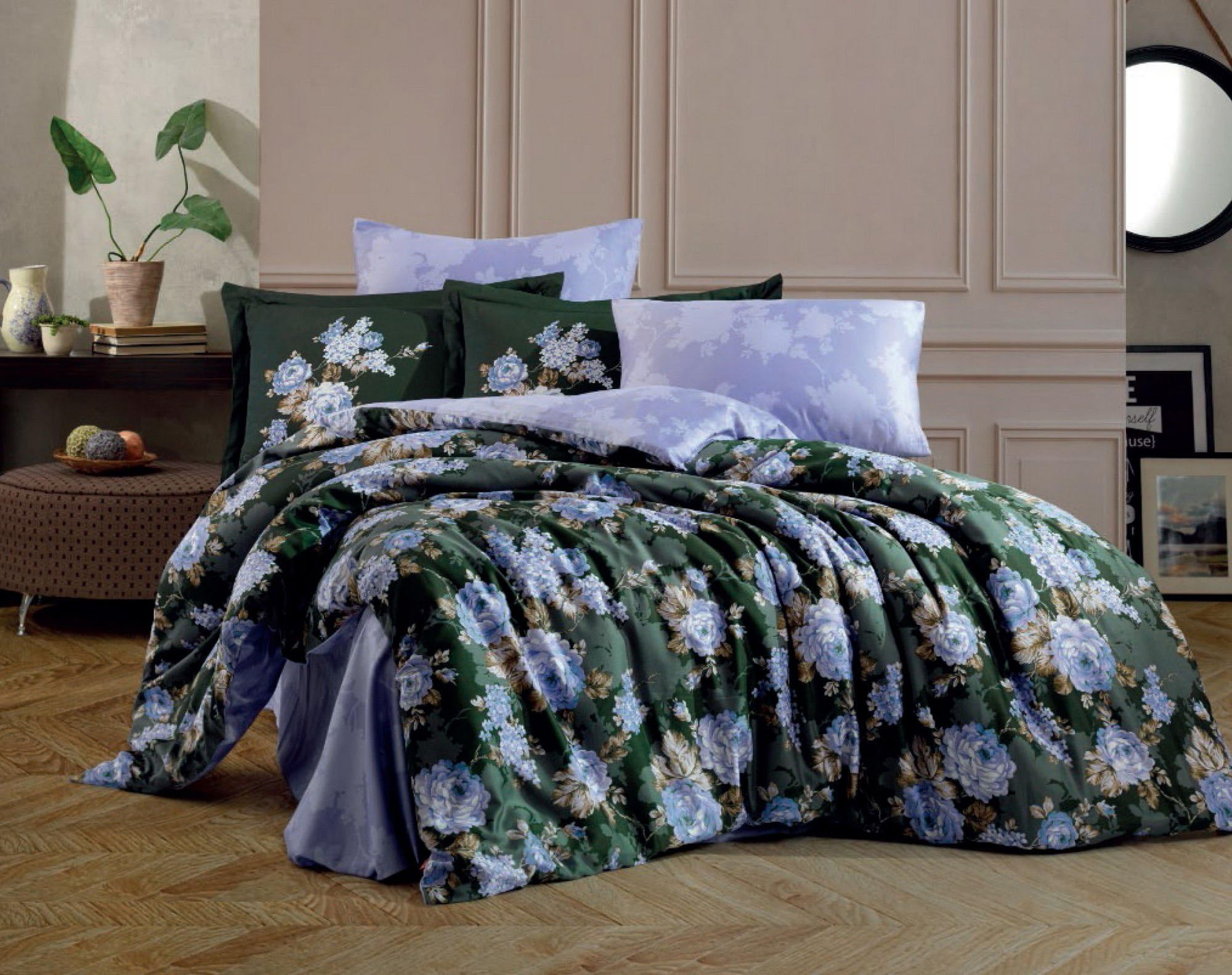 Nuit Des Rêves Exclusive Satin Quilt Cover Set (135 x 200 cm), 100% Cotton, Green & Light Blue/Brown, Machine Washable, 210 Thread Count, Button & Envelope Closure