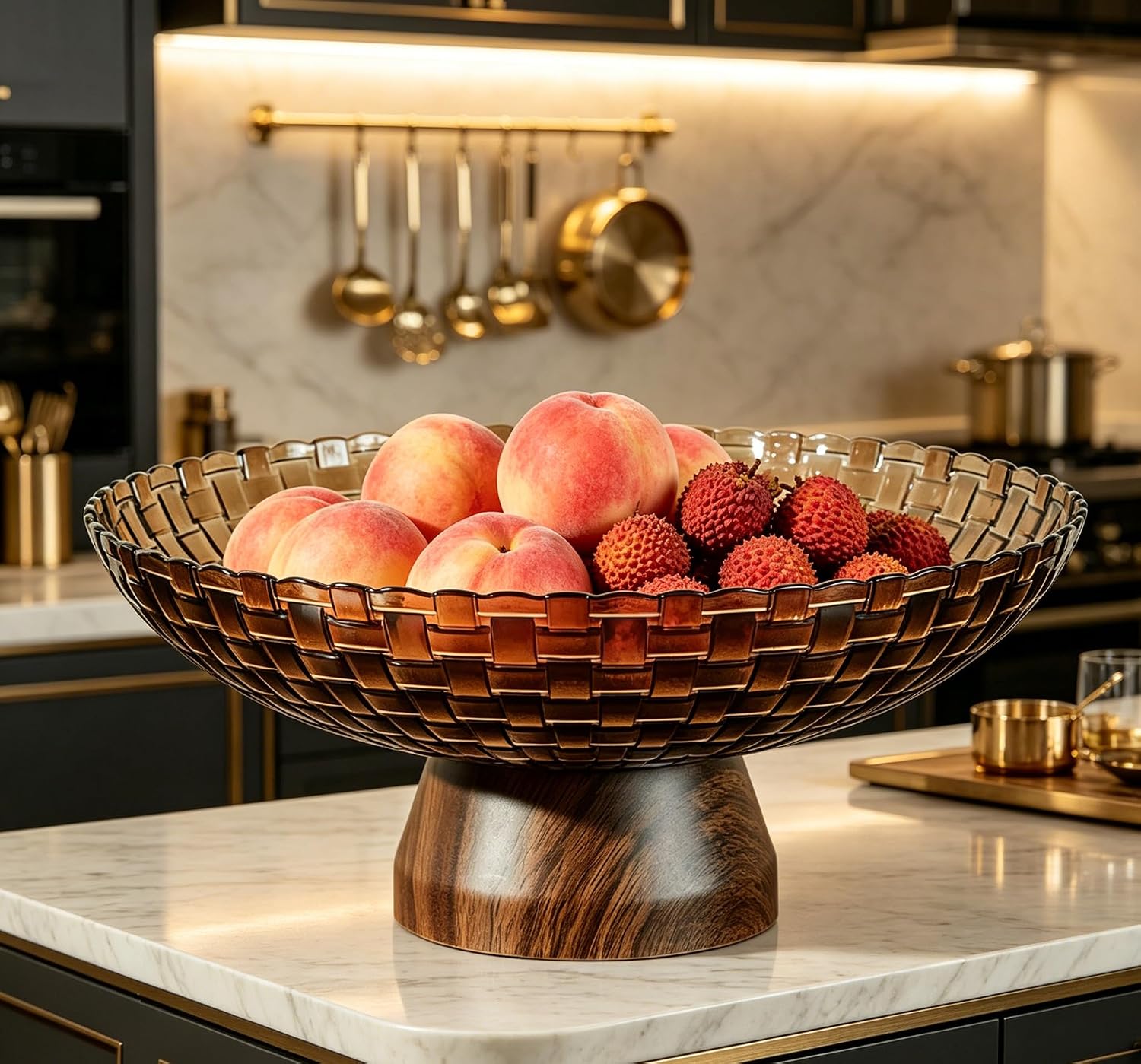 Fruit bowl Drainable Fruit Basket for Kitchen Countertop Storage Weave Baskets Stand Organization, 11" Walnut