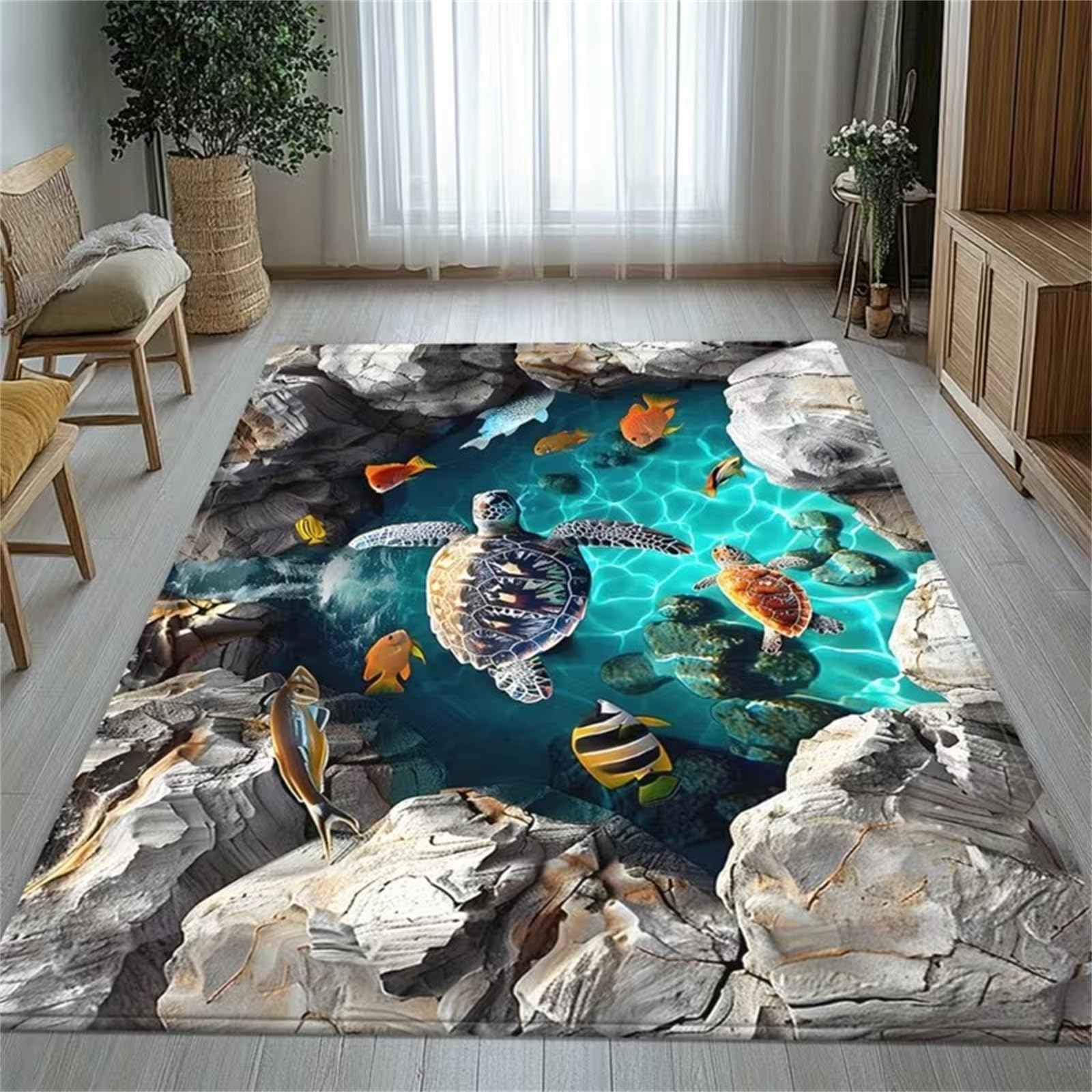 USHIRUG Illusion Rugs for Bedroom, 140x200cm,Rock Cliff Marine Life Turtle Fish School Printed Carpet Mat, Soft Durable Indoor Carpet for Living Room, Study, Dormitory, Office, Bathroom — image 1