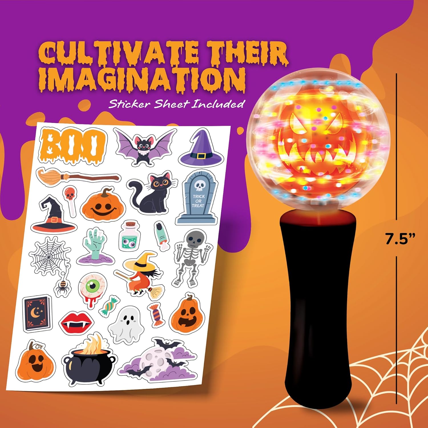 ArtCreativity Halloween Magic Ball Light Up Wand with Ghoulish Figure - 7.5" - Magic Ball with Multicolored LED Lights, Sensory Spinner for Kids, Halloween Boo Basket Stuffers, Autism-Friendly Gift