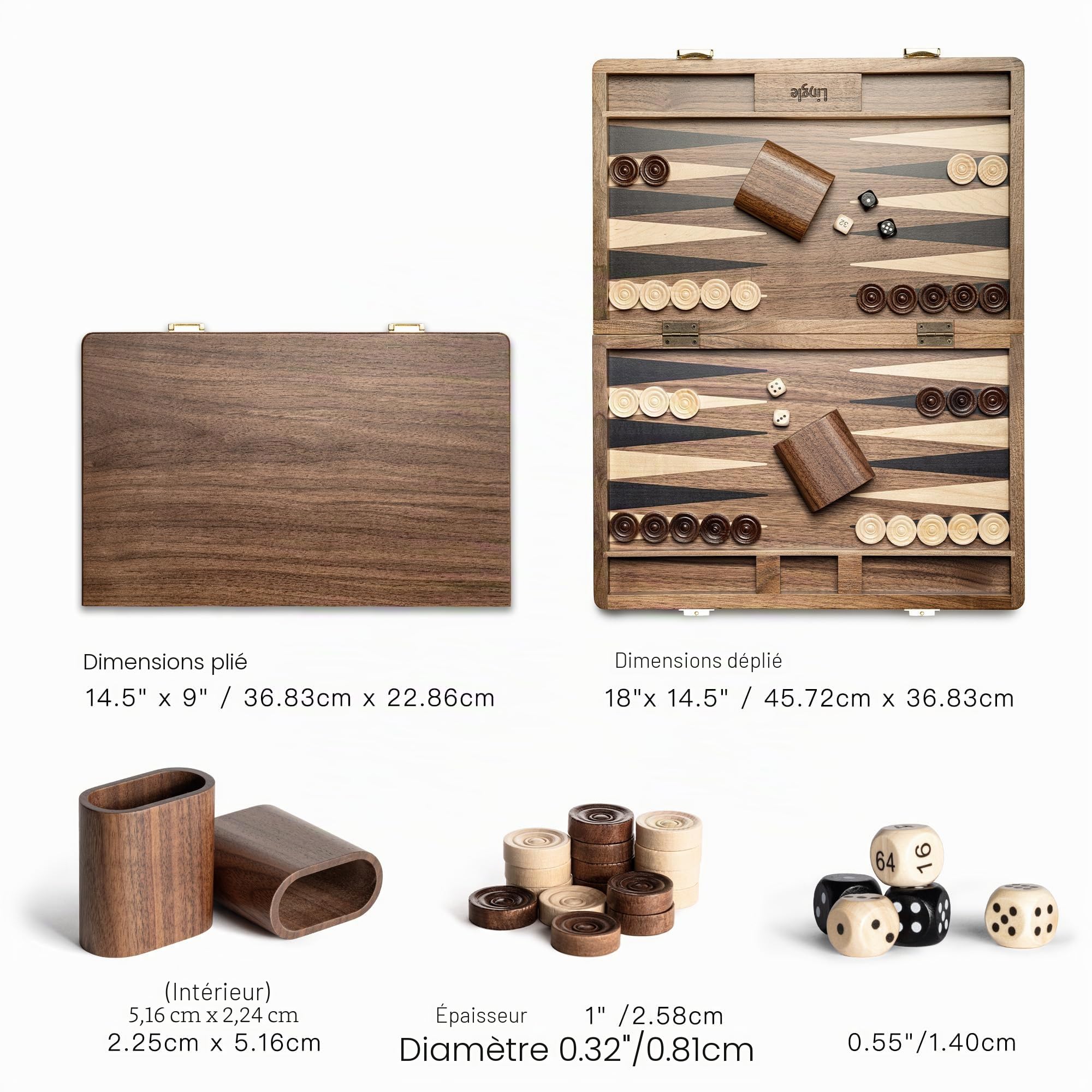 Ensemble de Backgammon Pliant Lingle 36,83 cm en Noyer Naturel Premium, idéal pour Adultes et Enfants. Comprend 30 pions en Corne Artificielle, 2 Coupes à dés en Noyer et 5 dés en Bois
