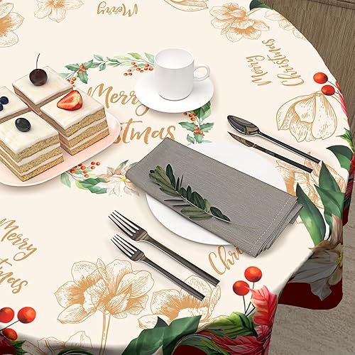 Miniatura 5 de Giwawa - Mantel de tela de Navidad con flores de Poinsettia en flor, diseño de cabaña navideña con borde floral, fácil de cuidar, mantel