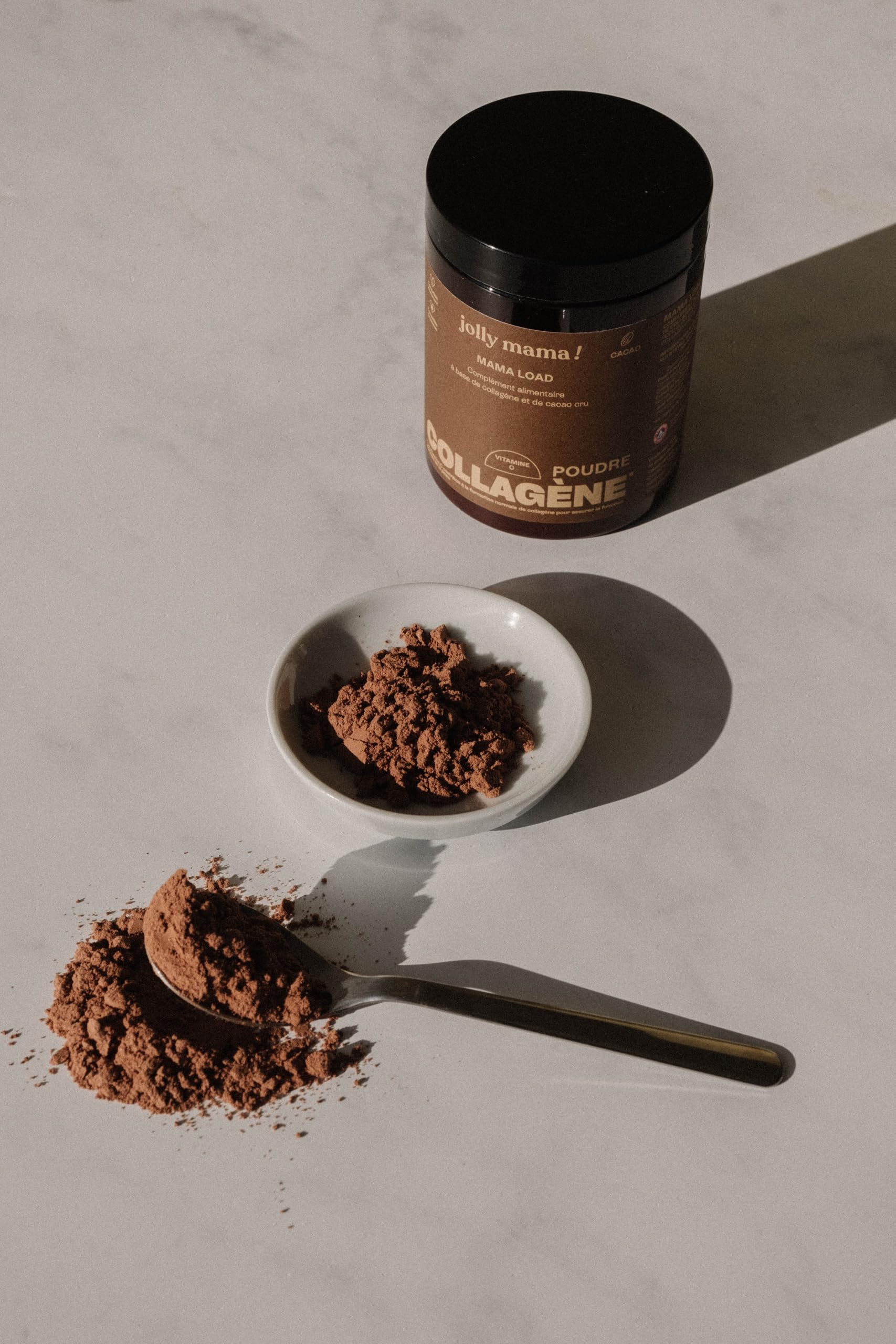 Jolly mama! Mama Load | Poudre à Boire, Collagène Marin au Cacao | Enrichi en Vitamine C | Peau & Cartilage | Sans Gluten | Compatible Grossesse & Allaitement | Fabriqué en France | Pot 112g