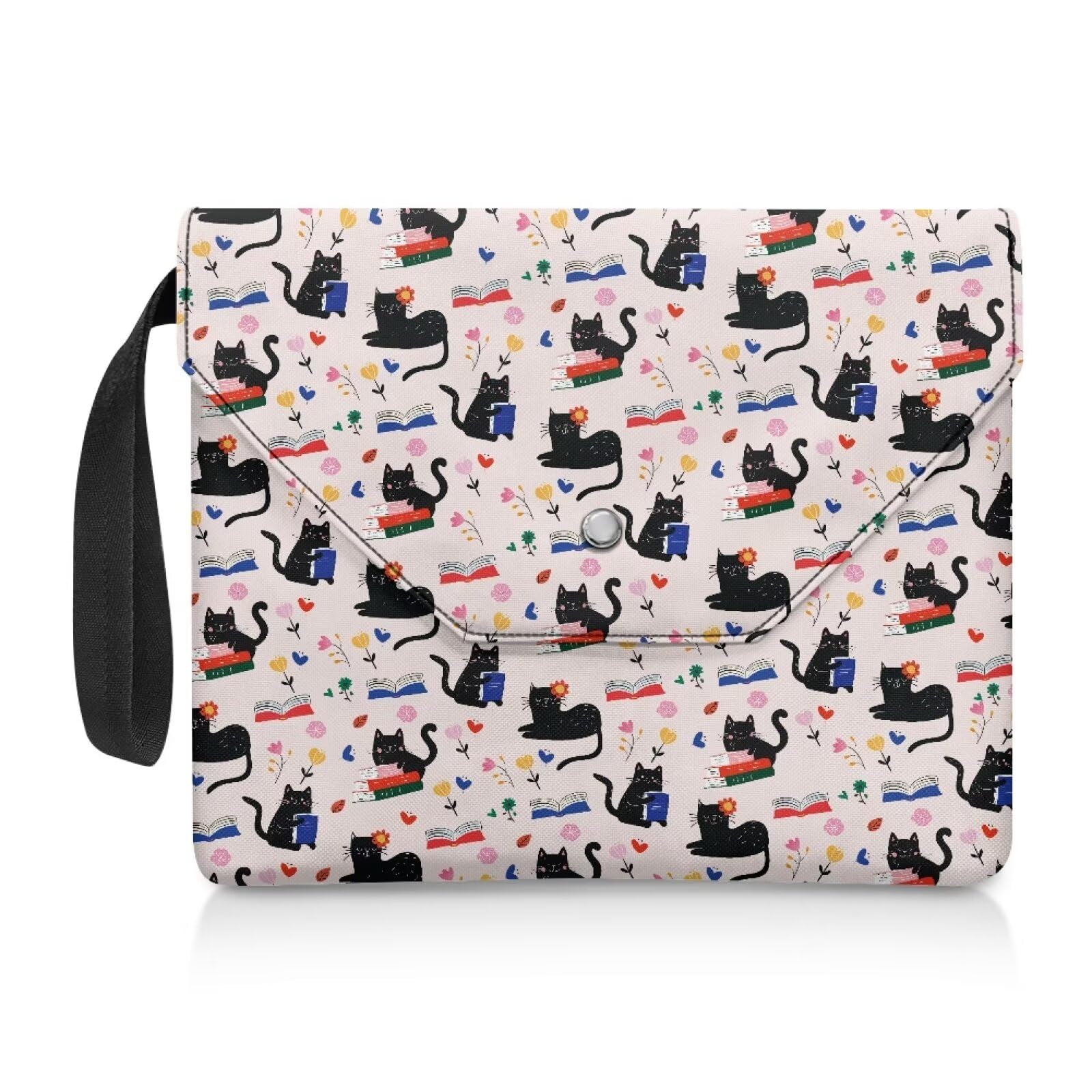 NETILGEN Book Sleeve Book Protective Cover with Extra Sleeve Pocket Button Flap Design Washable Paperback Purse Textbook Protective Cover Reading Gift, Black Cat Book Flower Pink