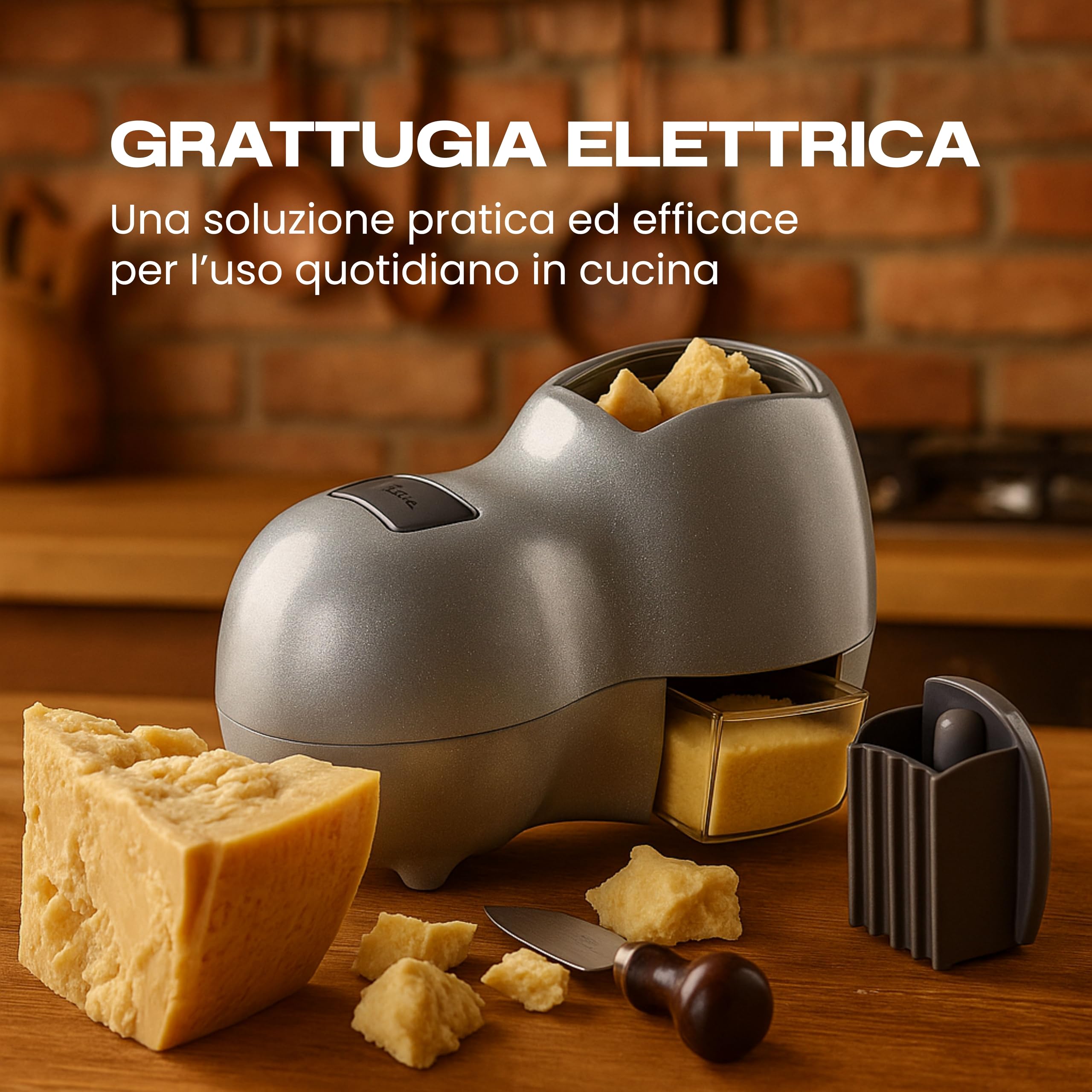Reber Grattugia Elettrica per Formaggio 140W - Ideale per Parmigiano, Pane Secco, Cioccolato e Frutta Secca - Uso Continuo senza Soste - Facile da Pulire - Fido Silver