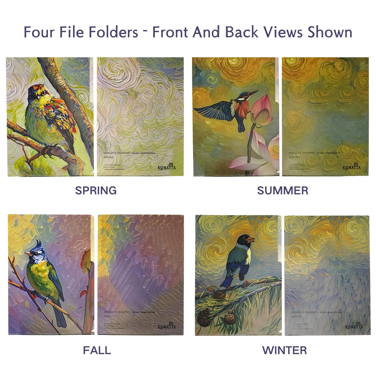 VIVALDI'S Seasons: Avian Impressions - Carpeta de documentos artísticos con 3 bolsillos en forma de L (4 unidades) | Diseño de pintura al óleo de pájaros impermeable | Embalaje artístico personalizado