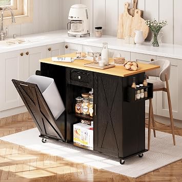 52" Black Kitchen Island with Storage & Drop Leaf, Rolling Kitchen Cart with Trash Cabinet, Drawer, Spice Rack & Towel Bar, Modern Mobile Island for Apartment Kitchen