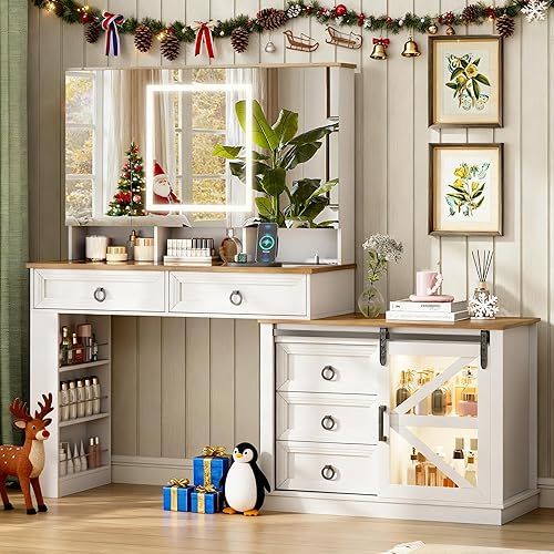 LVSOMT Vanity Desk with Mirror and Lights, Large Farmhouse Makeup Desk with 5 Drawers and Jewelry Storage, 60" Glass Top Dressing Table with Power Outlet & Adjustable Cabinet for Bedroom, White/Brown - White+Brown