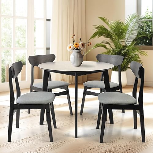 Miniatura 14 de Wickerix Juego de 3 mesas redondas de cocina y 2 sillas auxiliares Yumiko de madera maciza con asiento acolchado, color marrón medio Marrón