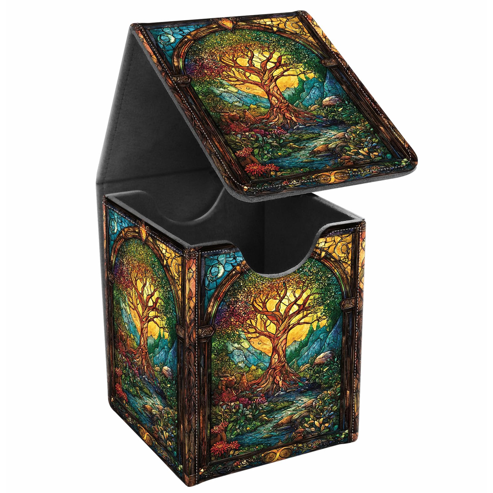 JANENFNA Card Deck Box, Card Storage Box Fits 100+ Single Sleeved Cards, Large Capacity PU Leather Card Storage Box with Strong Magnet for Magic Commander TCG/CCG, Magic Forest
