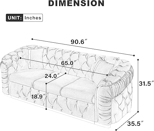 Miniatura 2 de KEIKI Sofá Chesterfield de terciopelo de lujo de 91 pulgadas con detalles de acero inoxidable dorado y 2 almohadas, estilo mediados de siglo, sofá