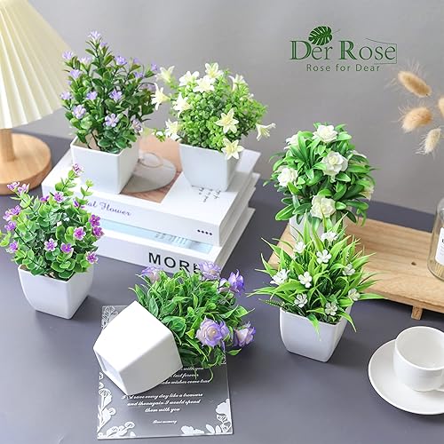 Miniatura 4 de Der Rose Paquete de 6 pequeñas plantas falsas con flores artificiales para el hogar, habitación, casa de campo, baño, decoración interior