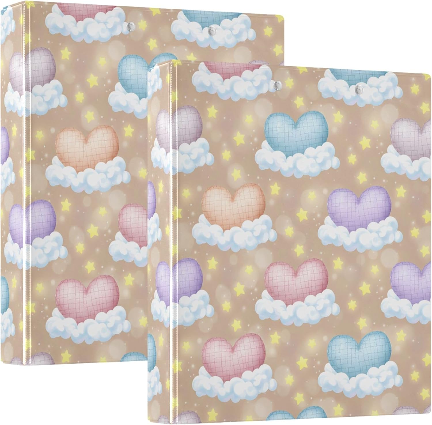 Cute Cloud Heart 3 Ring Binders, 1.5” Round Ring Binders with Clipboard - Letter Size, 3 Interior PVC Clear Pockets & Anti-Slip Clip for Office School Supplies, 2PCS