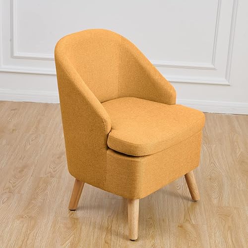 Miniatura 11 de Bonita silla tapizada color beige con estilo de barril, sofá individual redondo de tela similar al lino de algodón para patas de madera, sala