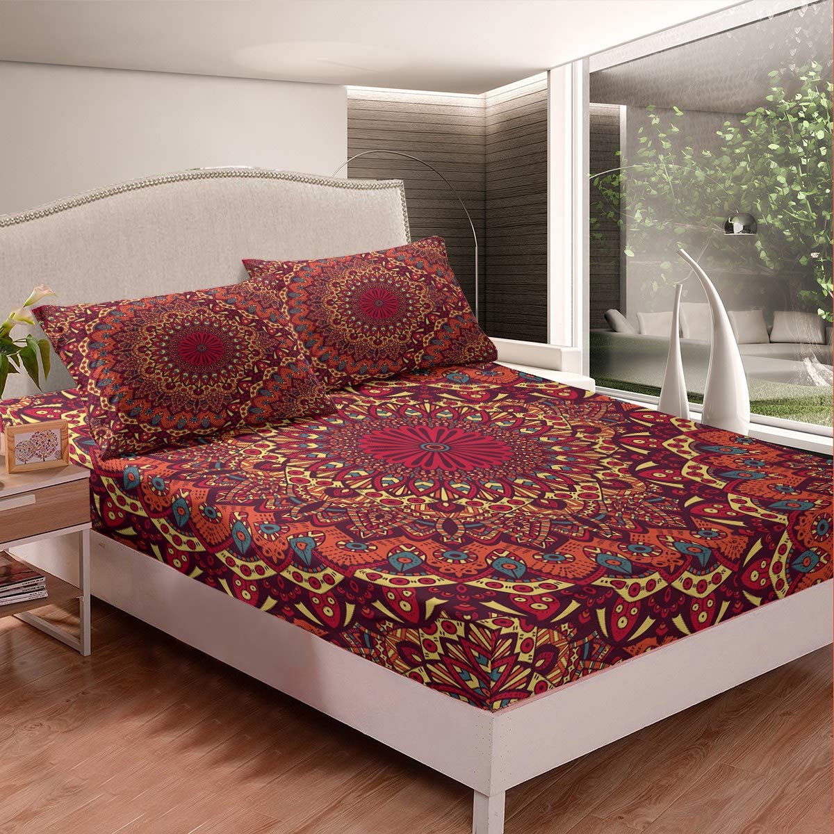 Loussiesd Boho Mandala Fitted Sheet Bohemian Style Bedding Set Hippie Mandala Printed Bed Sheet Set for Girls Women Bright Decorative Exotic Floral Bed Cover King Size 3Pcs