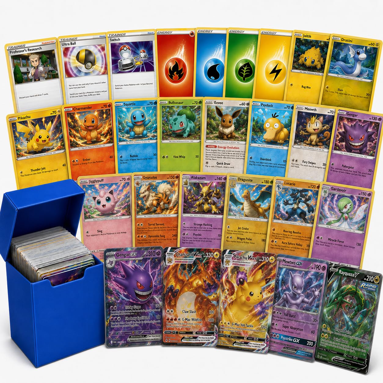 Pokémon Official 100 Pokemon Card Lot with Rare, Holofoil, Trainer and Energy Cards - Bundle with Random Colored Deck Box Included NFL (100 Assorted Cards)