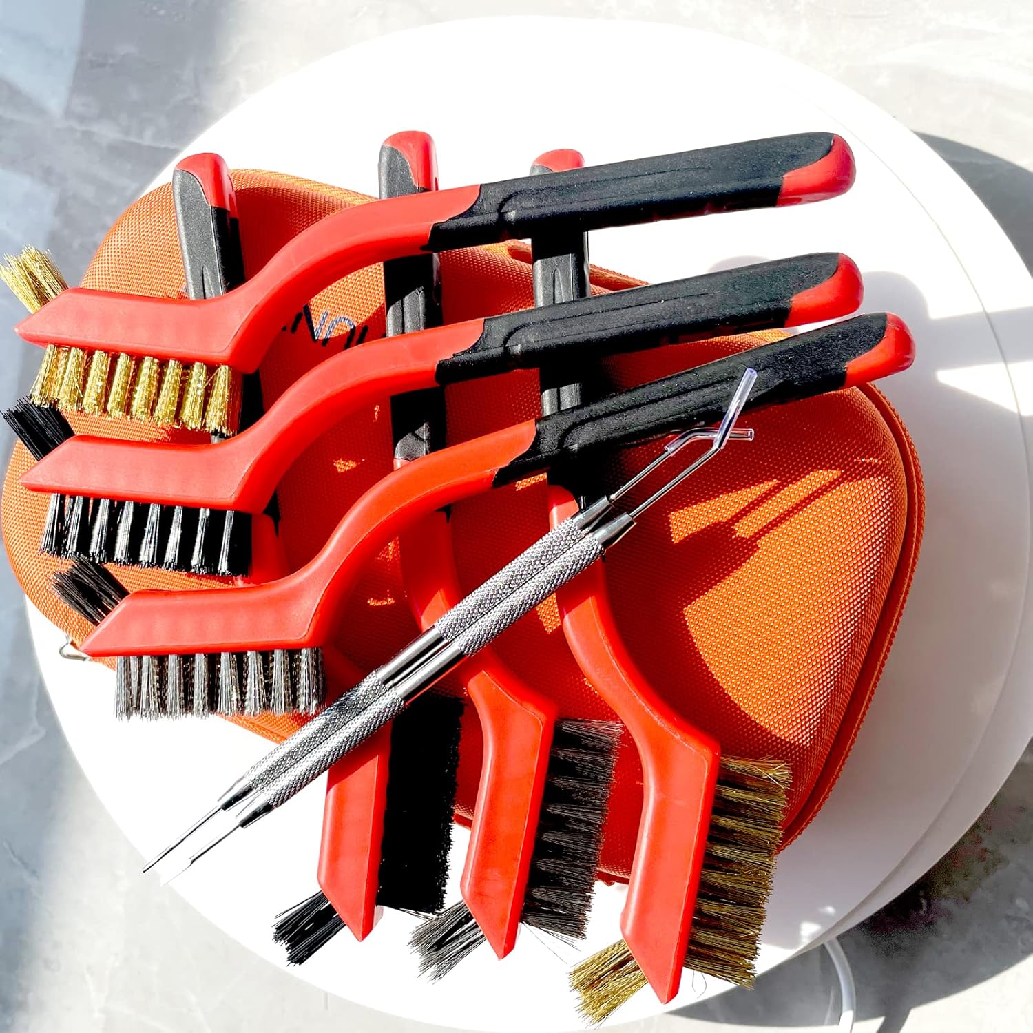 Small Wire Brush Set - 8 Pieces Brass Stainless Steel Nylon Brushes for Cleaning Rust Removal Dirt Paint Scrubbing Double-Ended Cleaning Pick (Orange, 8 Pieces)