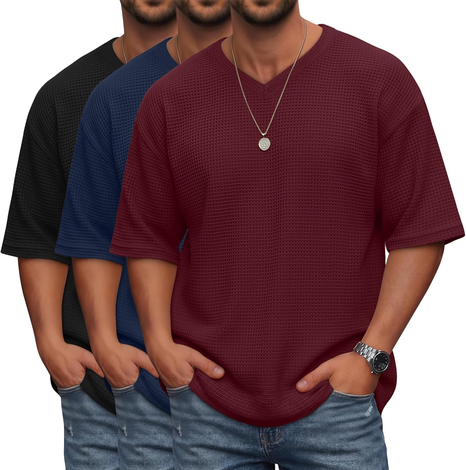 3 Pack Men's Oversized Waffle T-Shirts V Neck Short Sleeve Lightweight Tops Knit Drop Shoulder Casual Pullover Tee