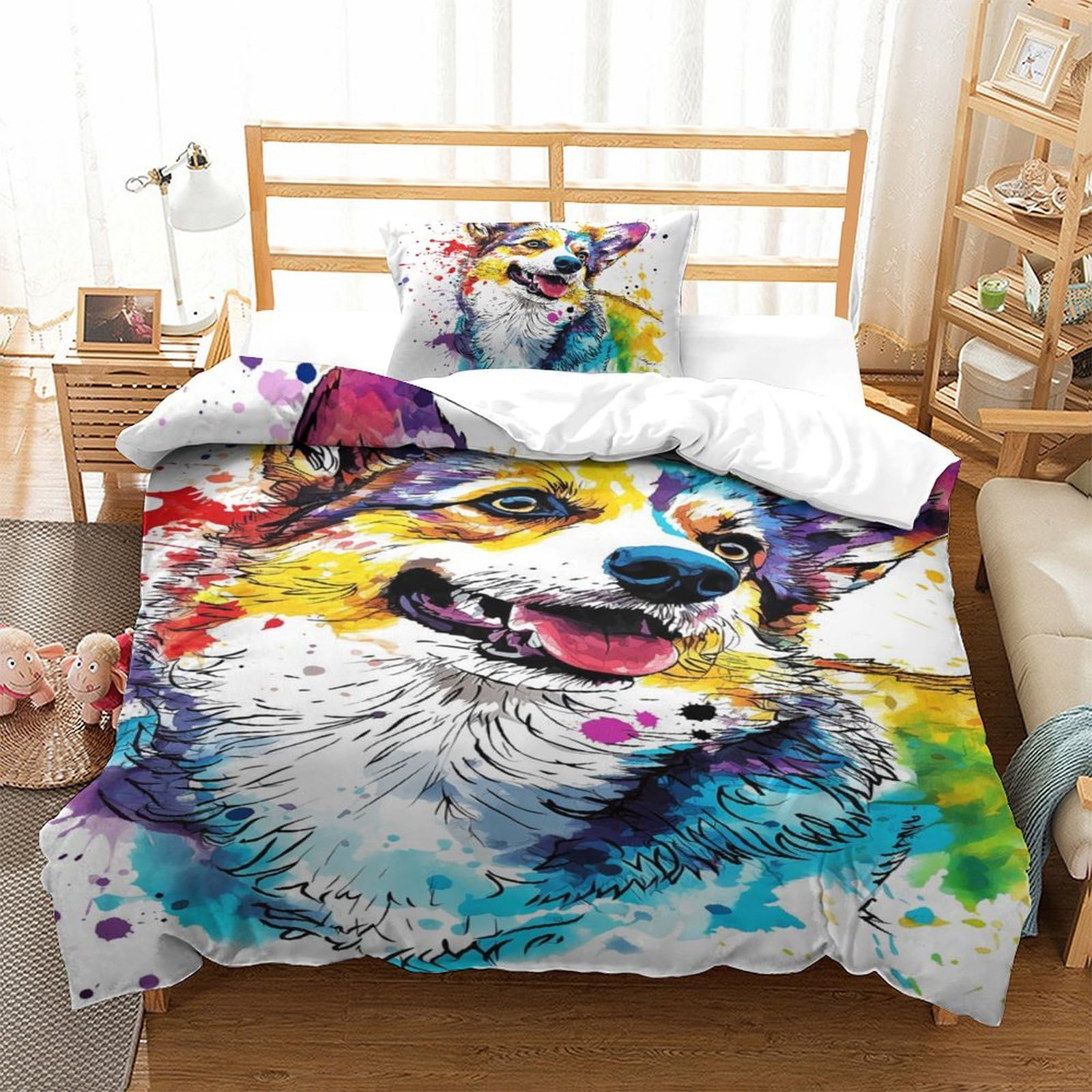 Housse de couette Corgi 3D imprimée parure de lit 2pcs microfibre 135x200cm fermeture éclair