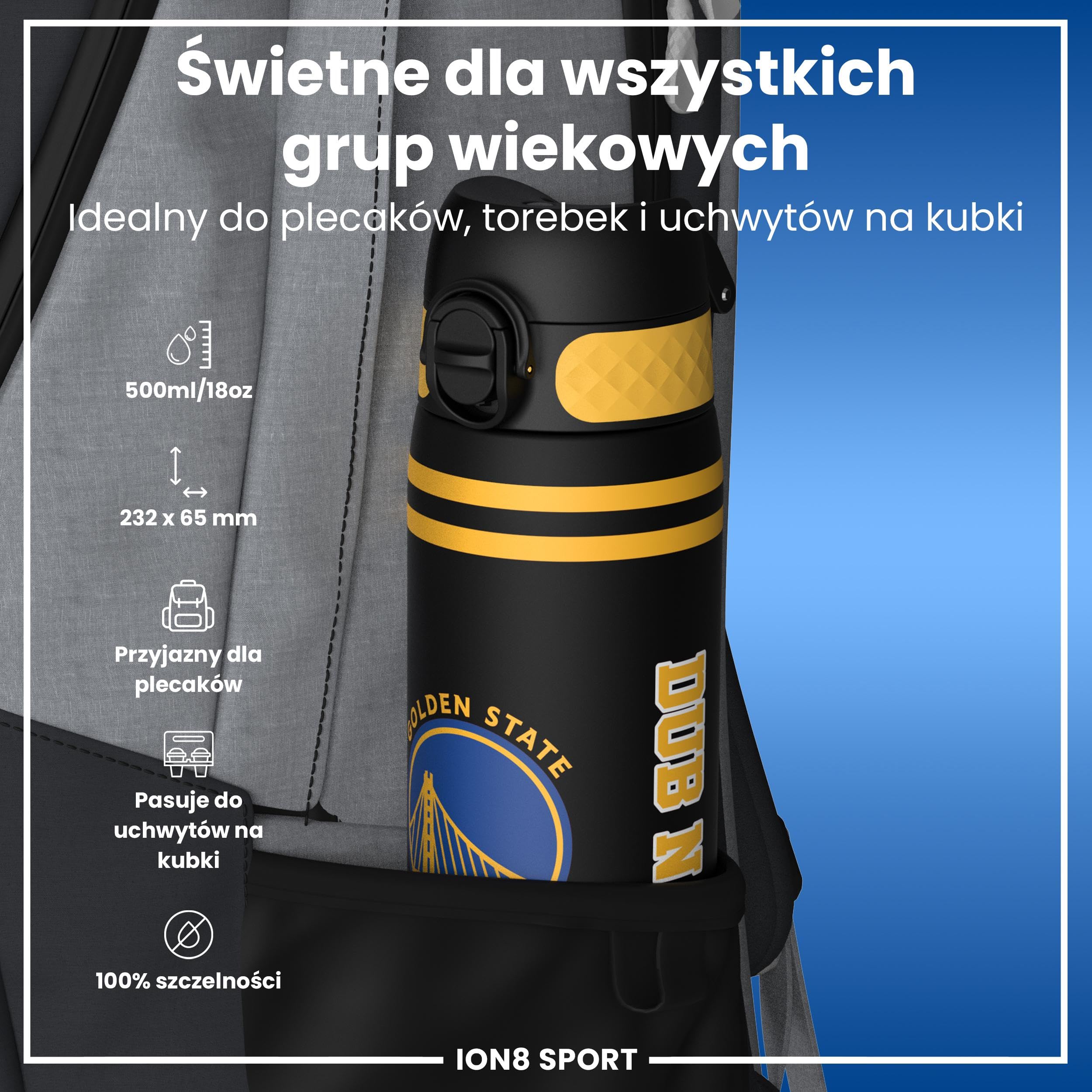 NBA Golden State Warriors Butelka na Wodę, 500 ml/18 oz, Szczelna, Łatwe Otwieranie, Bezpieczny Zamek, Można Myć w Zmywarce, Bez BPA, Higieniczne Pokrycie, Uchwyt do Przenoszenia, Łatwa Czyszczenie