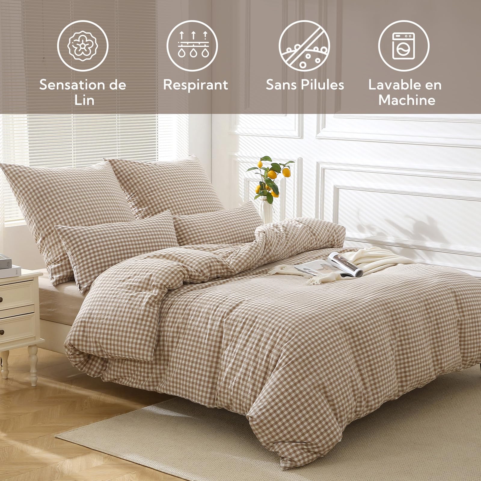 SOULFUL Housse de Couette 220x240 Coton Carreaux - Beige Vichy | Parure de Lit 2 Personnes avec 2 Taies d'oreiller 65x65 cm - 100% Coton Lavé - Certifié Oeko-TEX - Fermeture Éclair