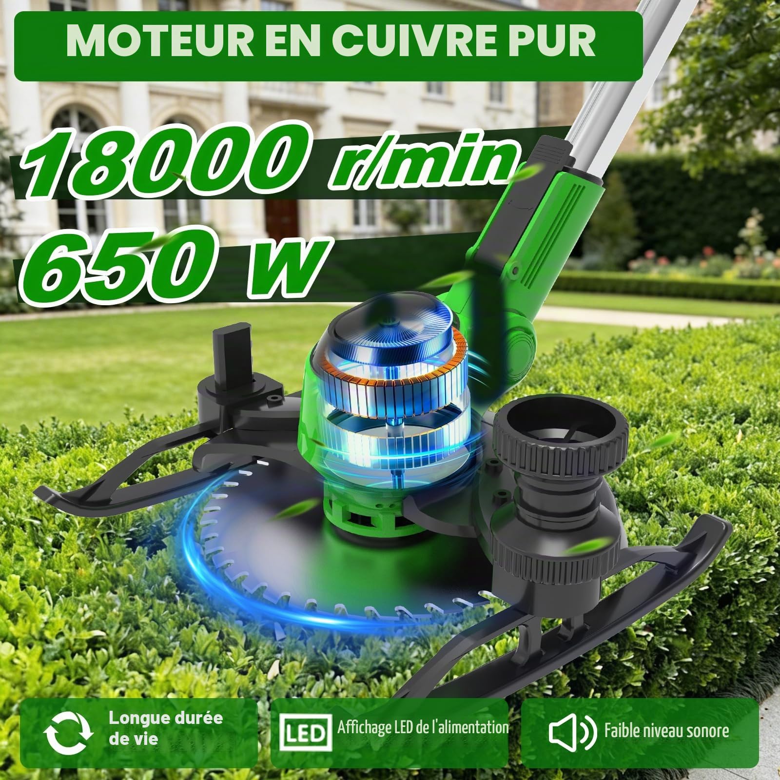 Debroussailleuse Electrique sans Fil, Coupe Bordure sans Fil avec avec 2 Batteries et avec 3 Types de Lames, 21V Debrouissalleuses Batterie,Télescopique, pour Jardin, Pelouse, Herbe et Bordures,Vert