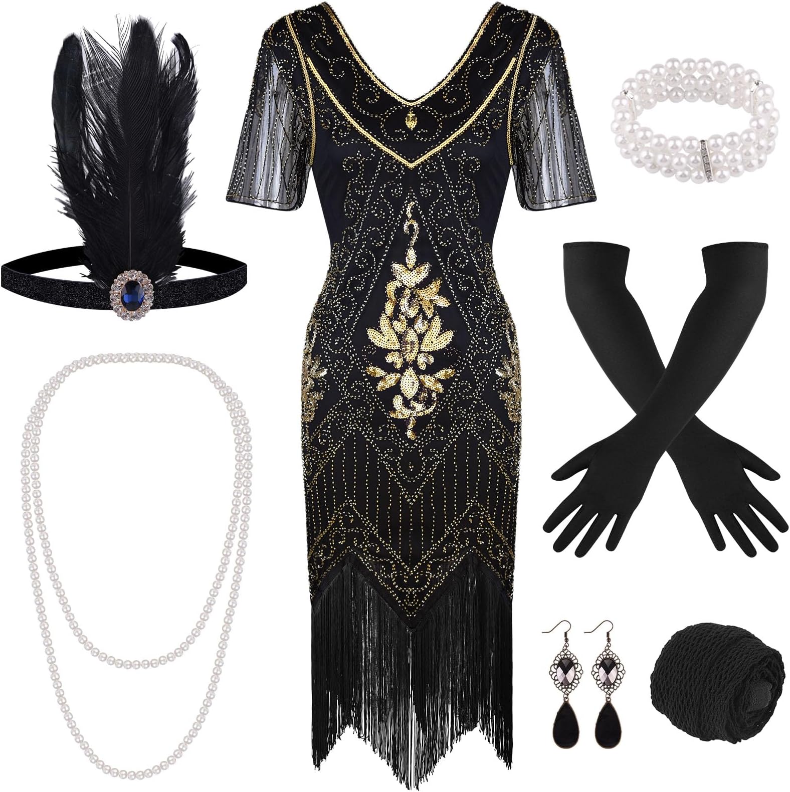 FEPITO1920s V Neck Sequin Beaded Fringed Dress with 20s Accessories Set(Style 7
