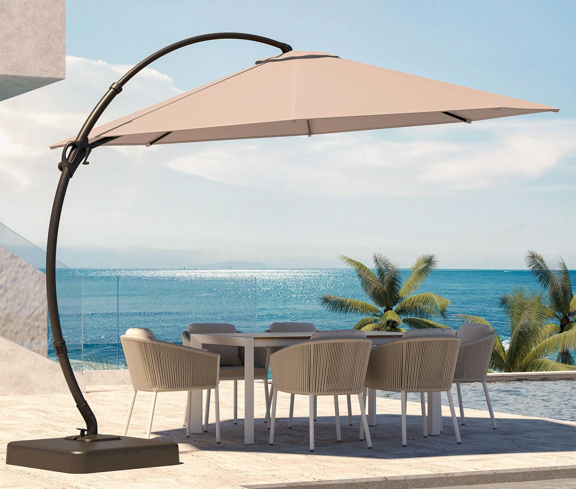 LAUSAINT HOME Outdoor Patio Umbrella with Base Included,11ft Large Deluxe Curvy Cantilever Umbrella Offset Umbrella with 360° Rotation for Pool Garden, Deck Market (Beige)