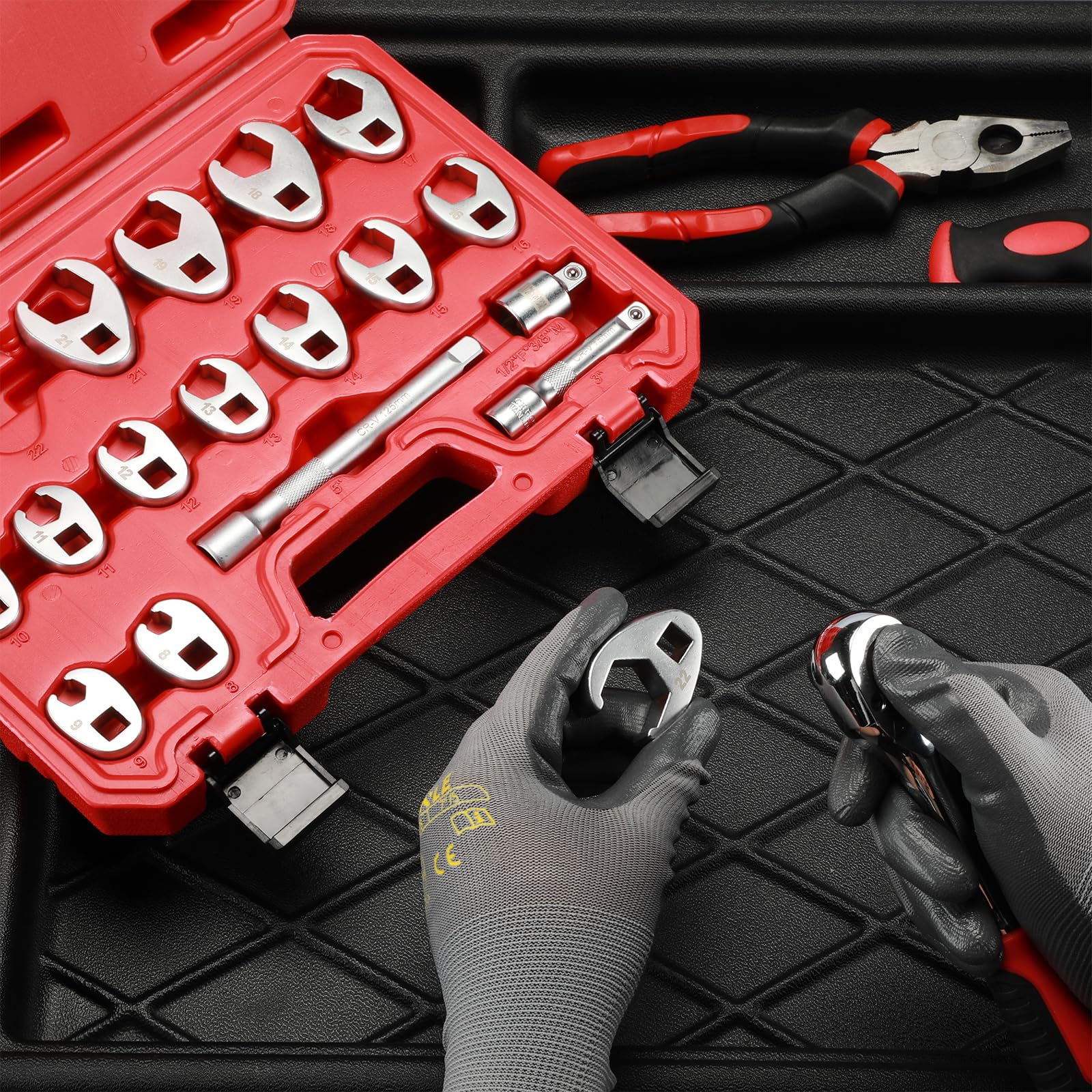 Mayouko 18 PCS 3/8-Inch Drive Crowfoot Wrench Set, Metric, 8mm to 24mm, with Adapter and Extensions, CR-MO