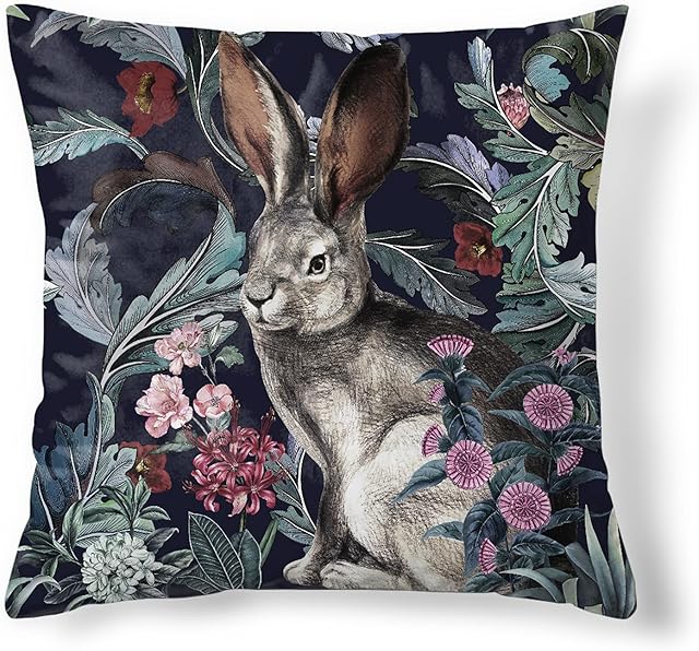 Obal Rabbit Cushion Covers Original Design Velvet Pillow Case Square Decorative Throw Pillow Cover 45cm x 45cm for Sofa Bed Couch Living Room Bedroom (18x18 Inch) Forest Hare