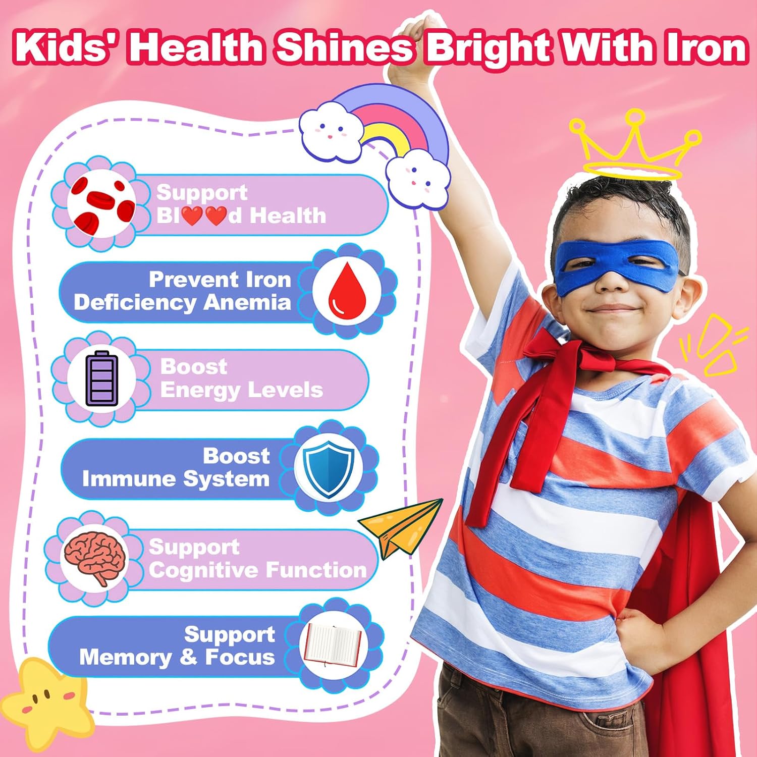 180 Count | Iron Gummies for Kids, Kids Multivitamin with Calcium, Zinc, Folate, Omega-3 & Lutein, Support Energy, Immnity, Iron Deficiency, Anemia & Brain Health, Vegan, Sugar-Free, Strawberry Flavor
