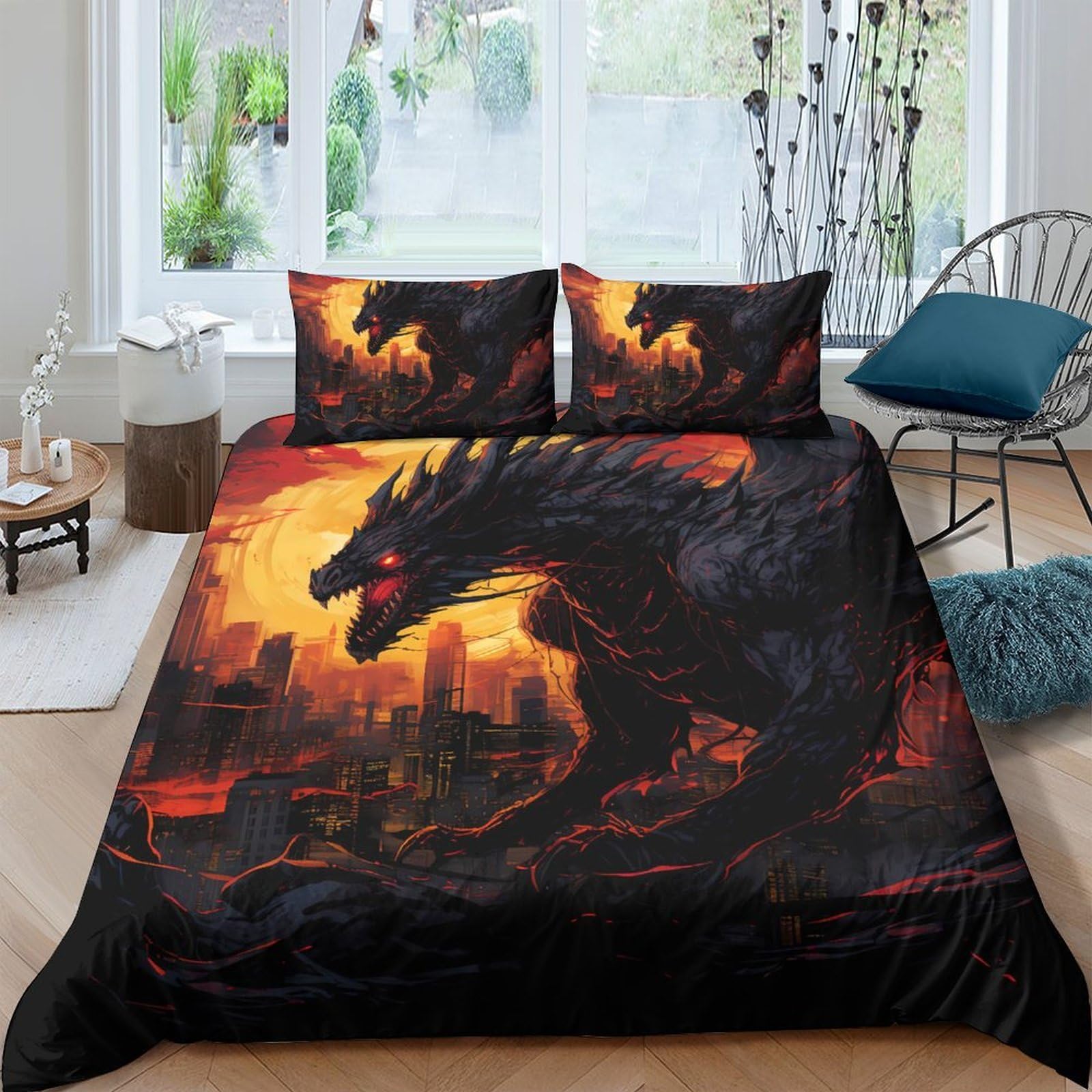 Ctjqhvkz Style-4 3D Printed Black Dragon Fitted Sheet Microfiber Fire City Mattress Cover For Bedroom Dorm Home Decor Single（135X200cm）