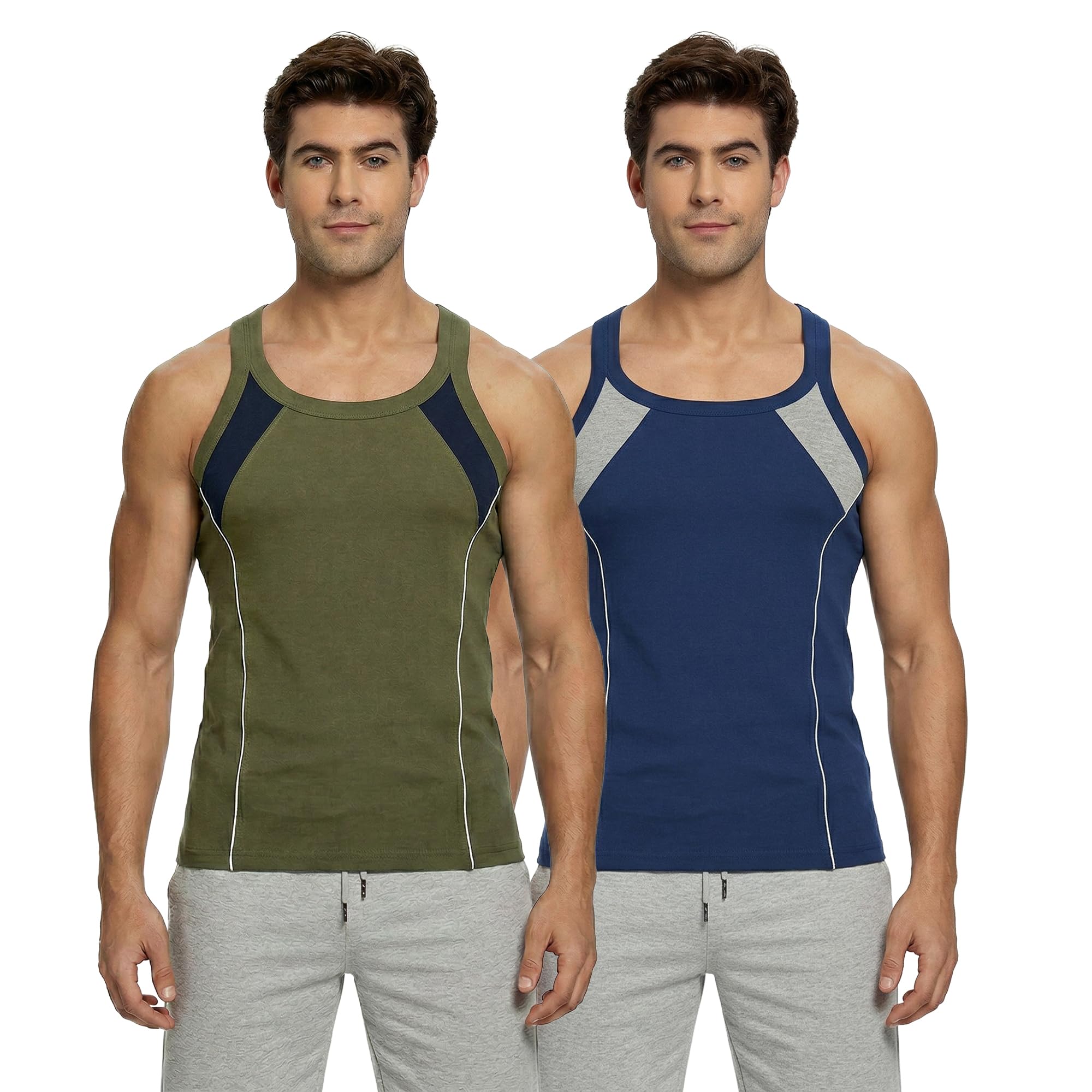 sporto Macho Men's Pure Cotton Solid Side Contrast Panel Gym Vest Pack of 2-Assorted-picture-11