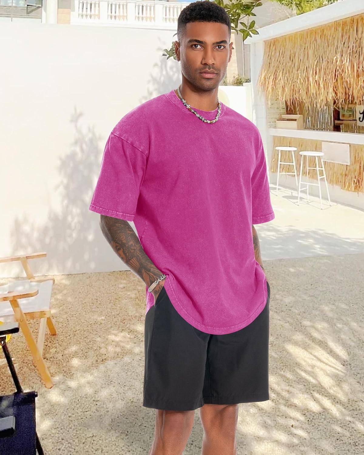 Oversized Tshirts for Men Short Sleeve Vintage Washed Basic Loose Tees, Light Pink, 2XL - Image 3