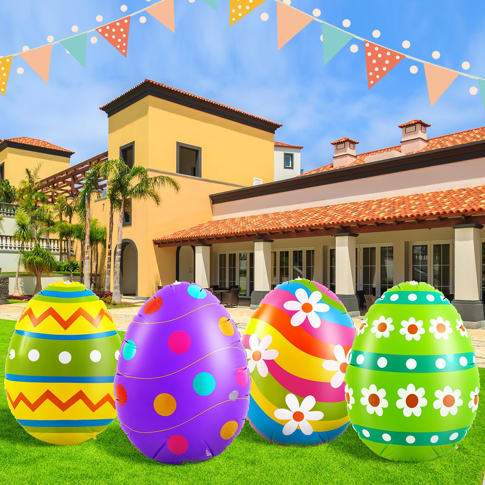 Photo 1 of Liliful 4 Pcs 40 Inch Giant Inflatable Easter Eggs Decorations Colorful Large Inflatables Outdoor Decor Standing Outdoor Easter Yard Ornaments for Garden Holiday Lawn Party (Novelty)
