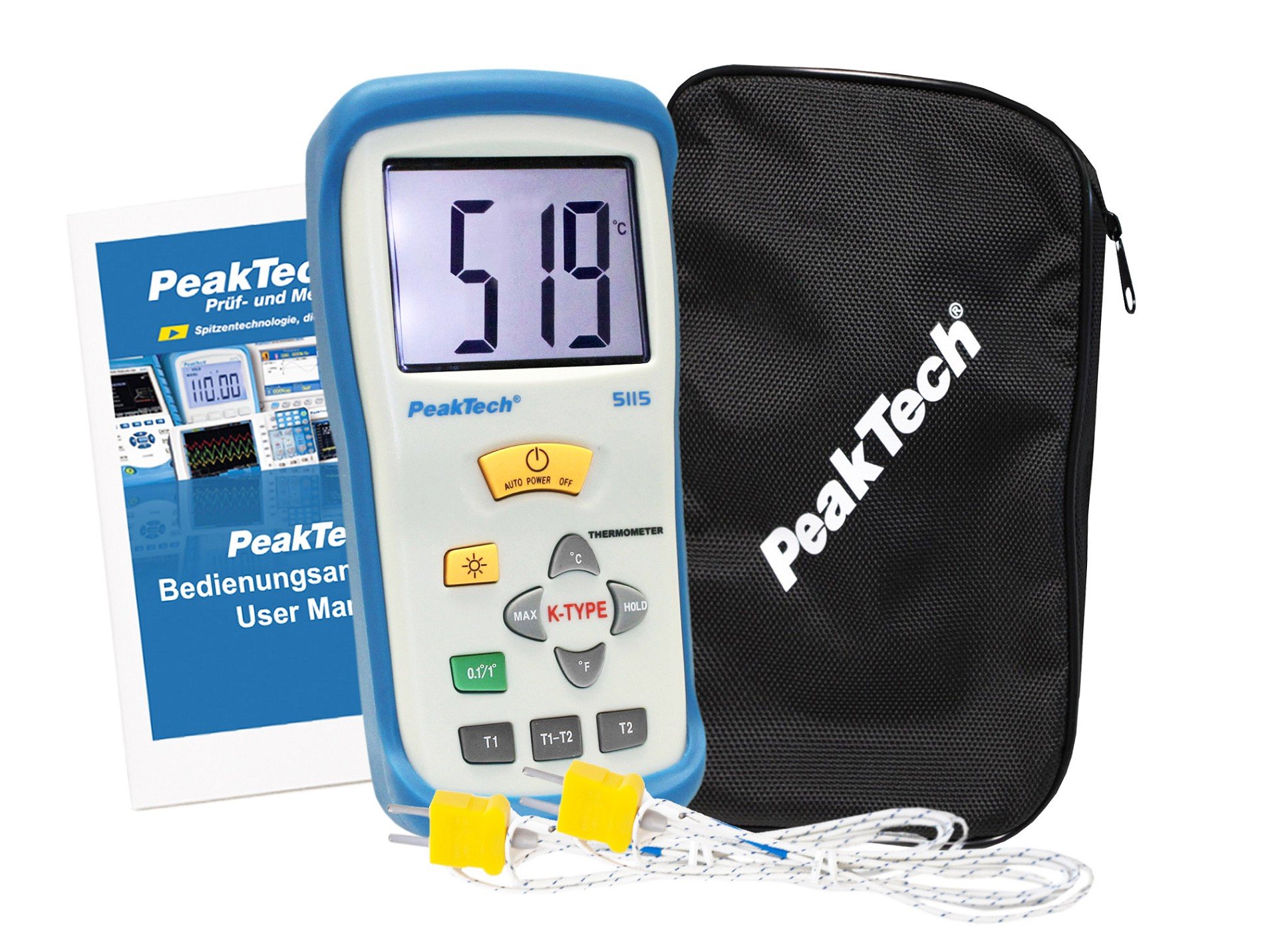 PeakTech P 5115 - Termometr Cyfrowy ~ 2 CH ~ Typ-K ~ -50 ... +1300°C ~ z wyświetlaczem °C/°F