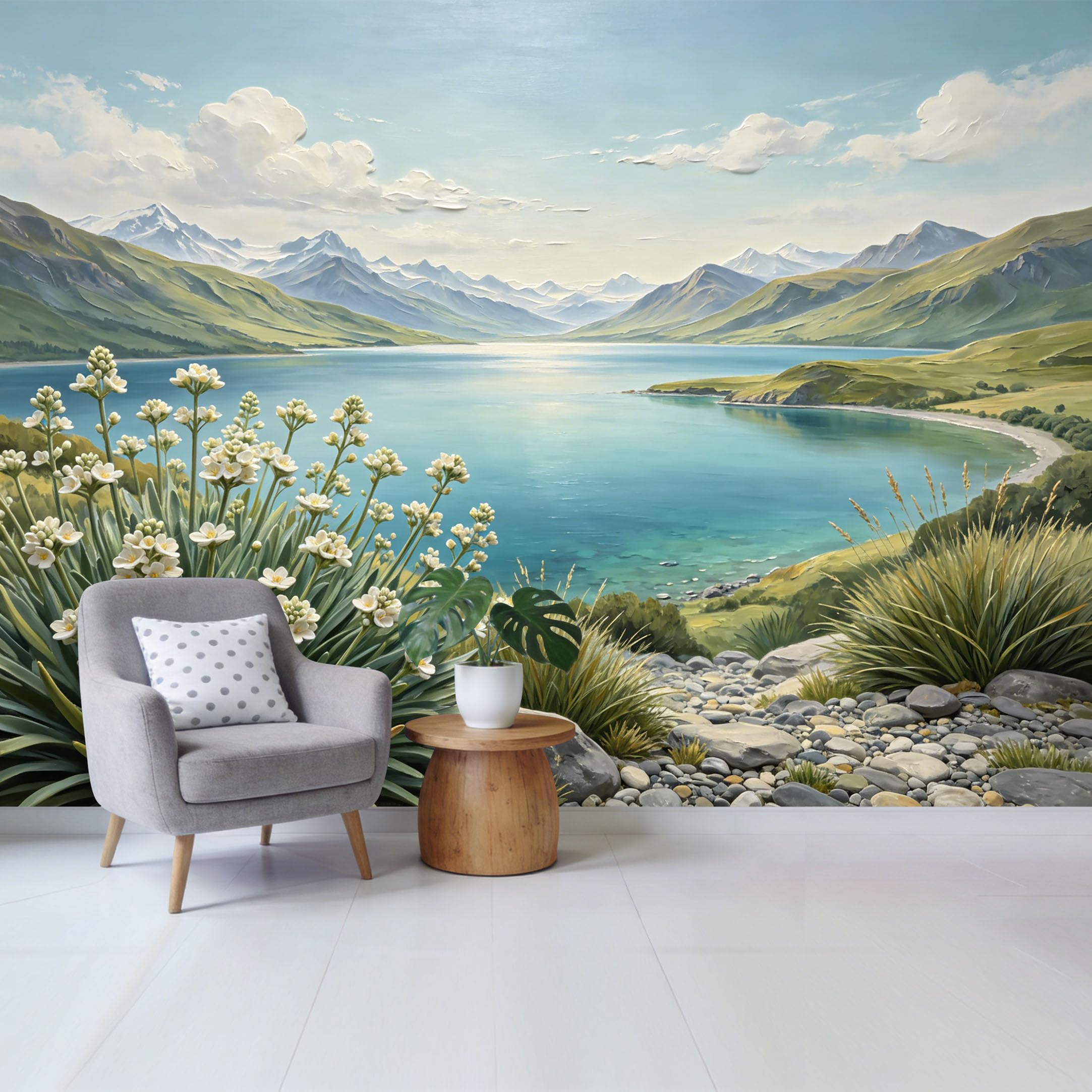 Qzlithotic Yq2605251164 Custom Size Wall Mural Majestic Mountain Lake Landscape White Wildflower Field Oil Painting Style Selfadhesive Wall Fabric Removable Wallpaper For Home Office Decor