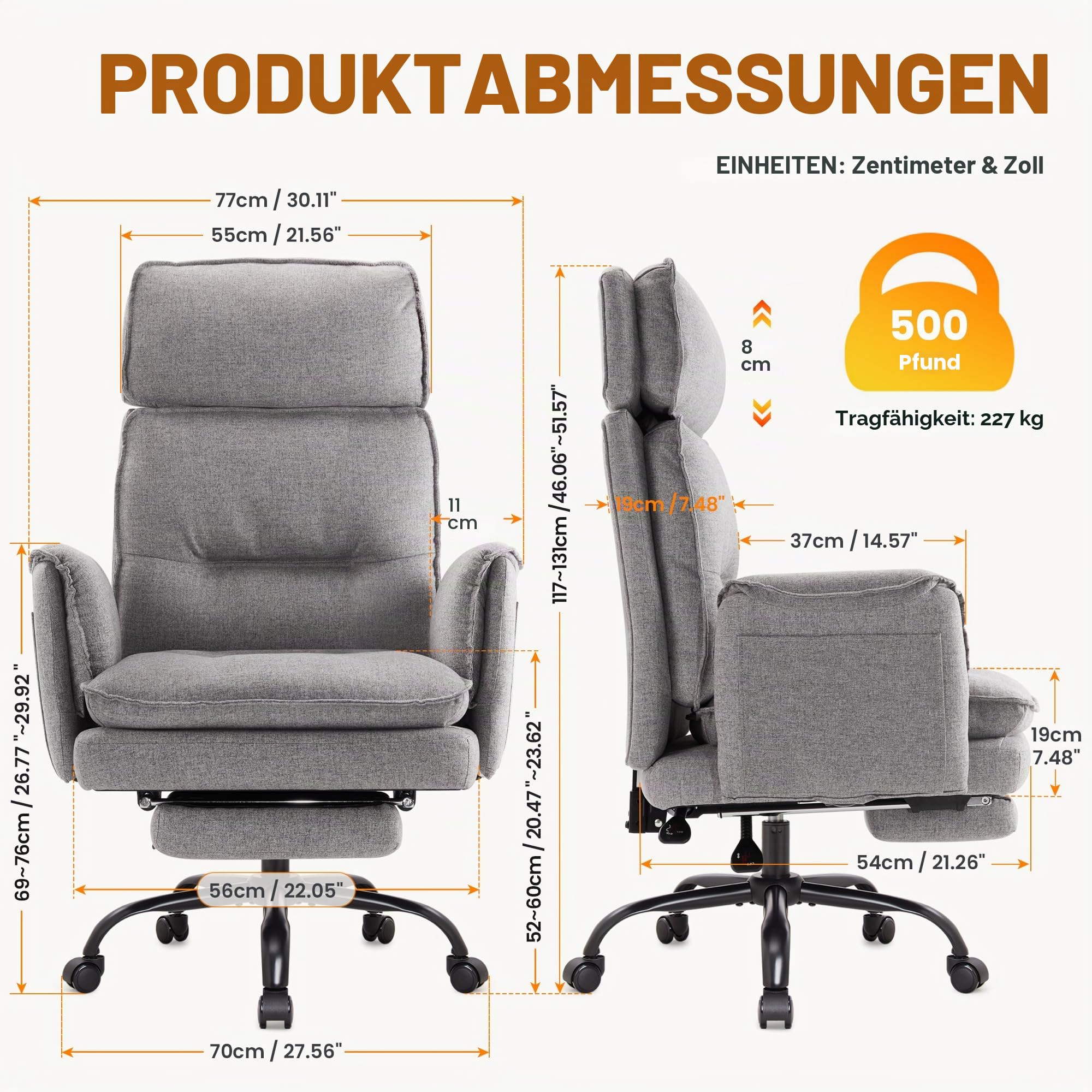 IWMH Ergonomischer Bürostuhl 227kg, XXL Stoff Chefsessel mit Fußstütze Schreibtischstuhl mit höhenverstellbare Kopfstütze,135° Neigefunktion,Drehstuhl für Homeoffice,Gaming (Grau)