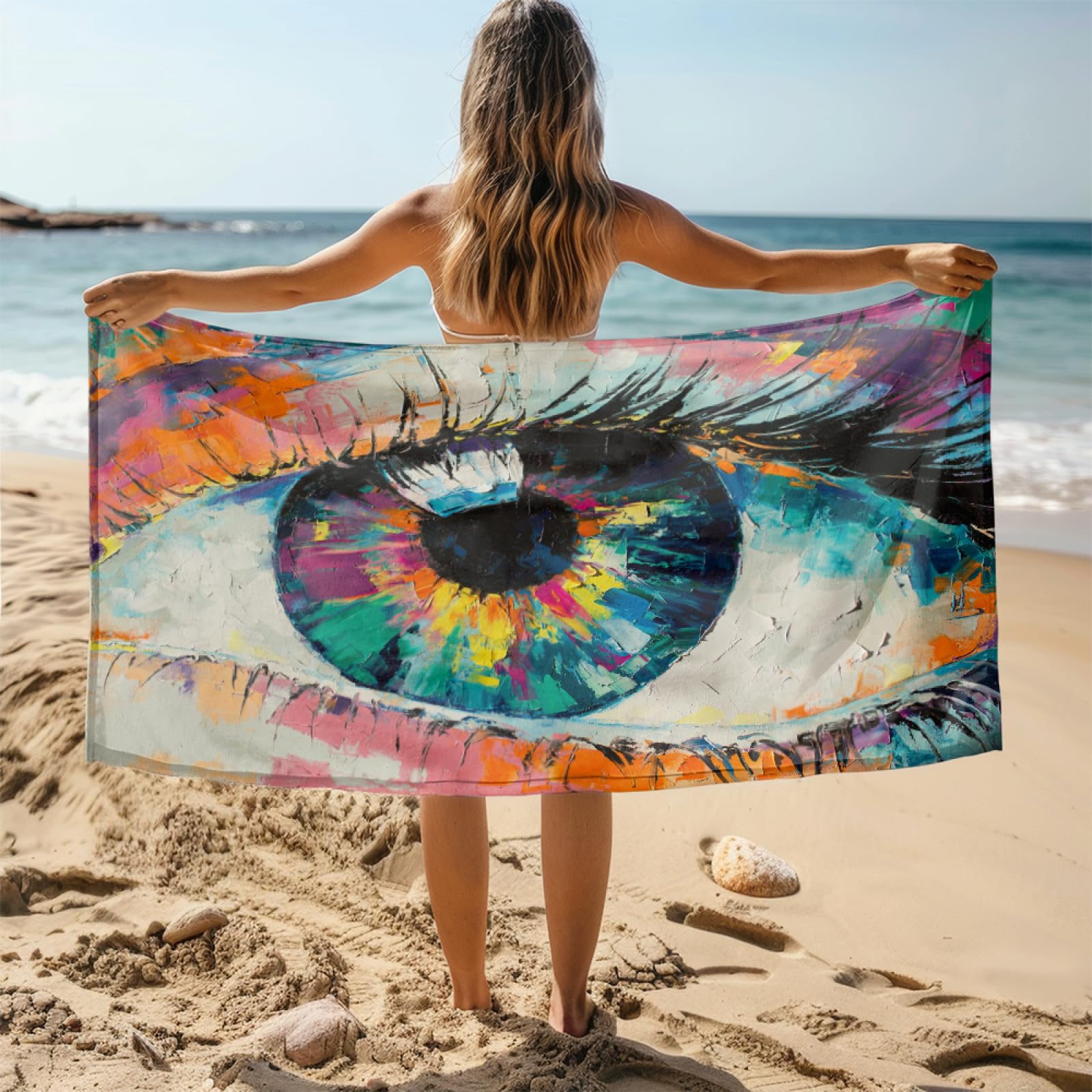 Telo Mare Microfibra 210x230 Arte Degli Occhi Telo Spiaggia Grande Antisabbia,XXL Asciugamano Mare, Asciugatura Rapida, Stuoia Spiaggia Leggero E Portatile